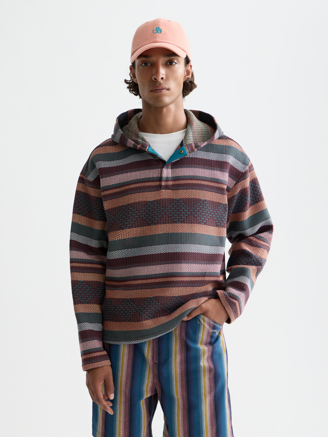 SCOTCH & SODA jacquard hoodie, navy sweats with intricate woven pattern, front view showing detailed fabric design