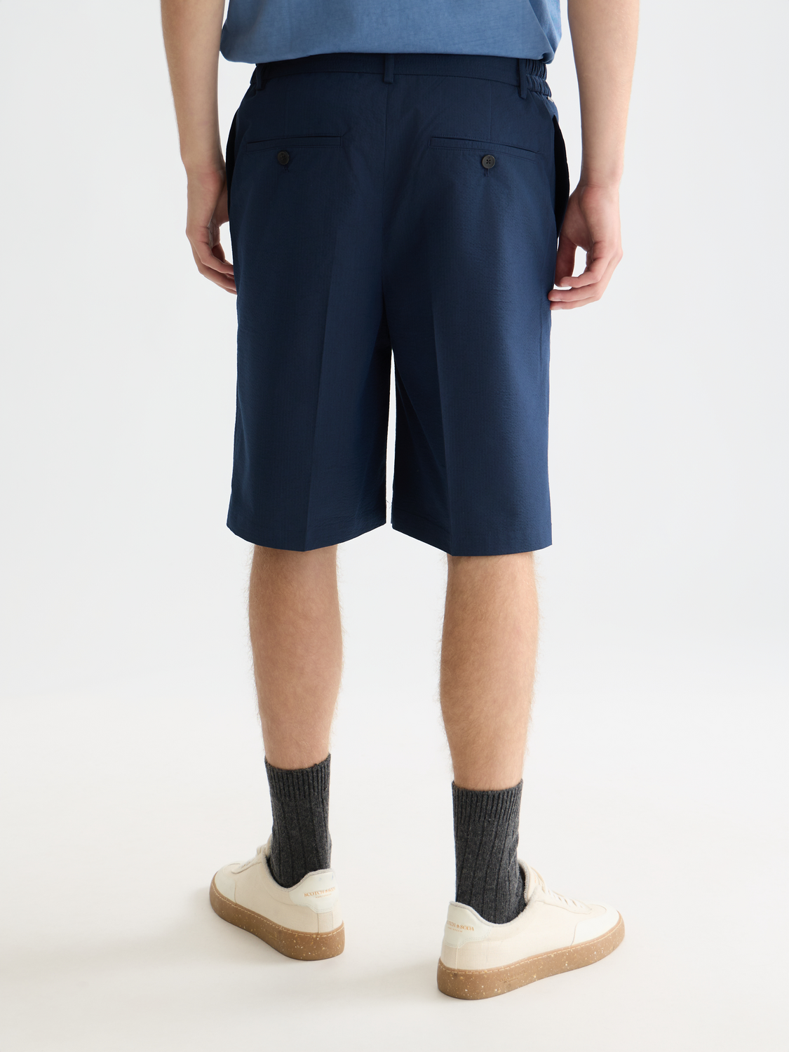 Scotch & Soda seersucker shorts in light blue with a relaxed fit, front pockets, and a casual summer style.