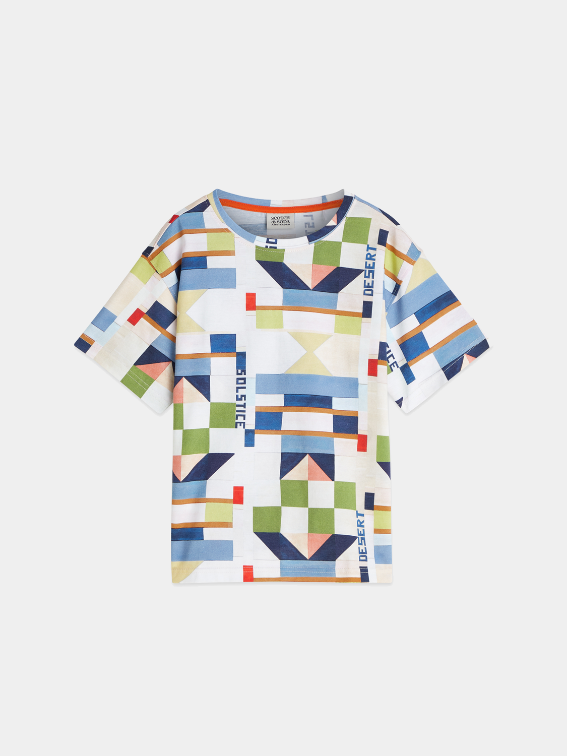 Kids' printed Scotch & Soda short-sleeve T-shirt with colorful design, made from comfortable fabric.