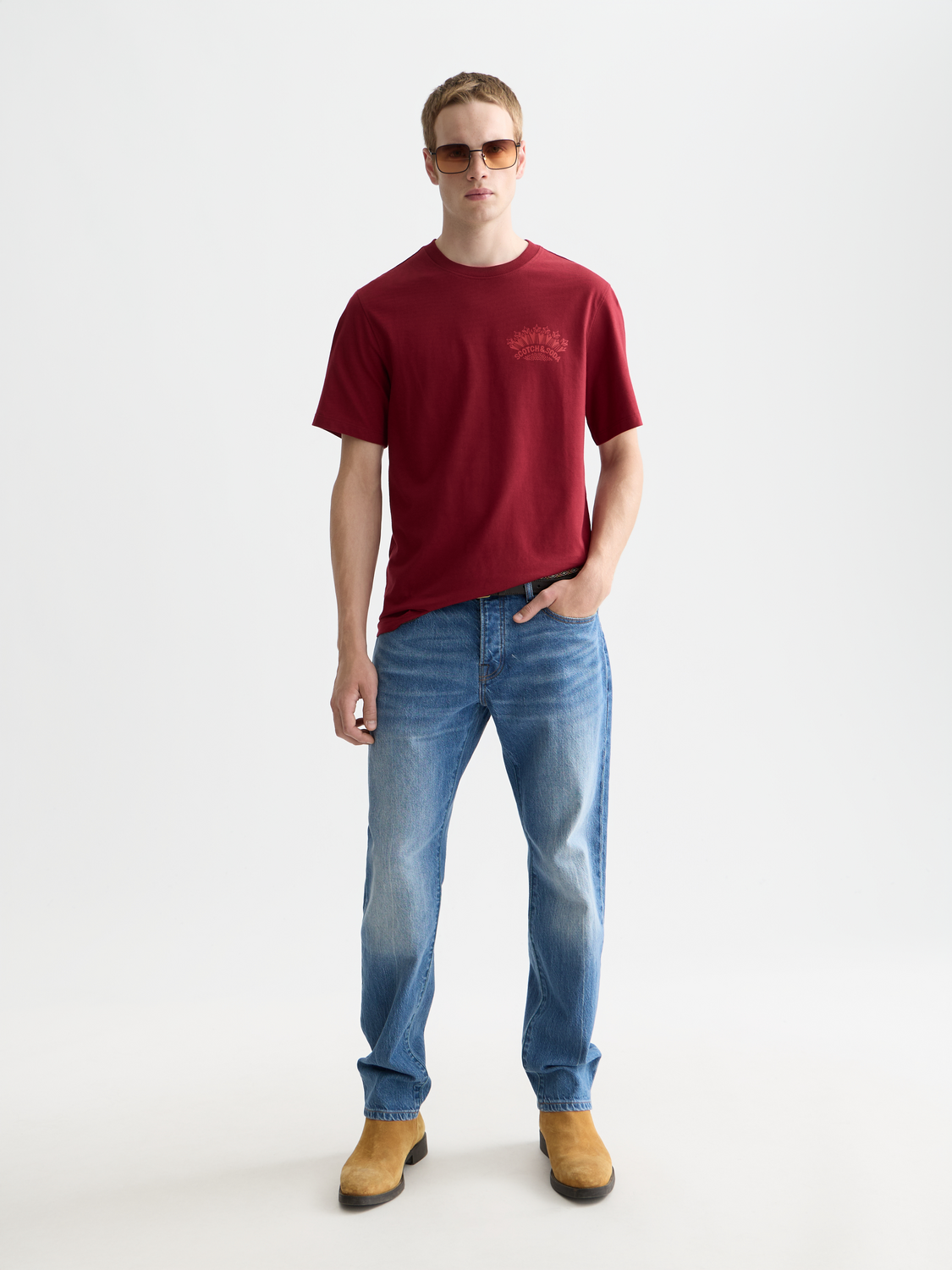 SCOTCH & SODA artwork T-shirt with short sleeves, featuring colorful graphic design on front.