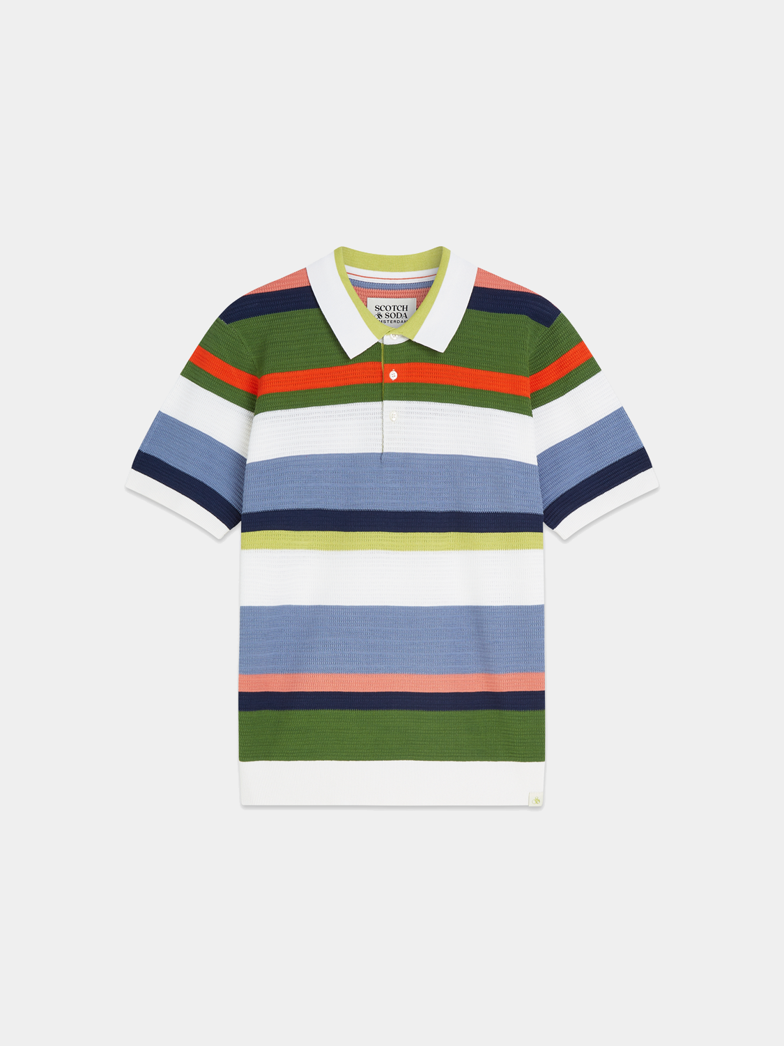 Striped knitted polo shirt by Scotch & Soda, featuring a classic collar and multicolor stripes, casual men's polo top.