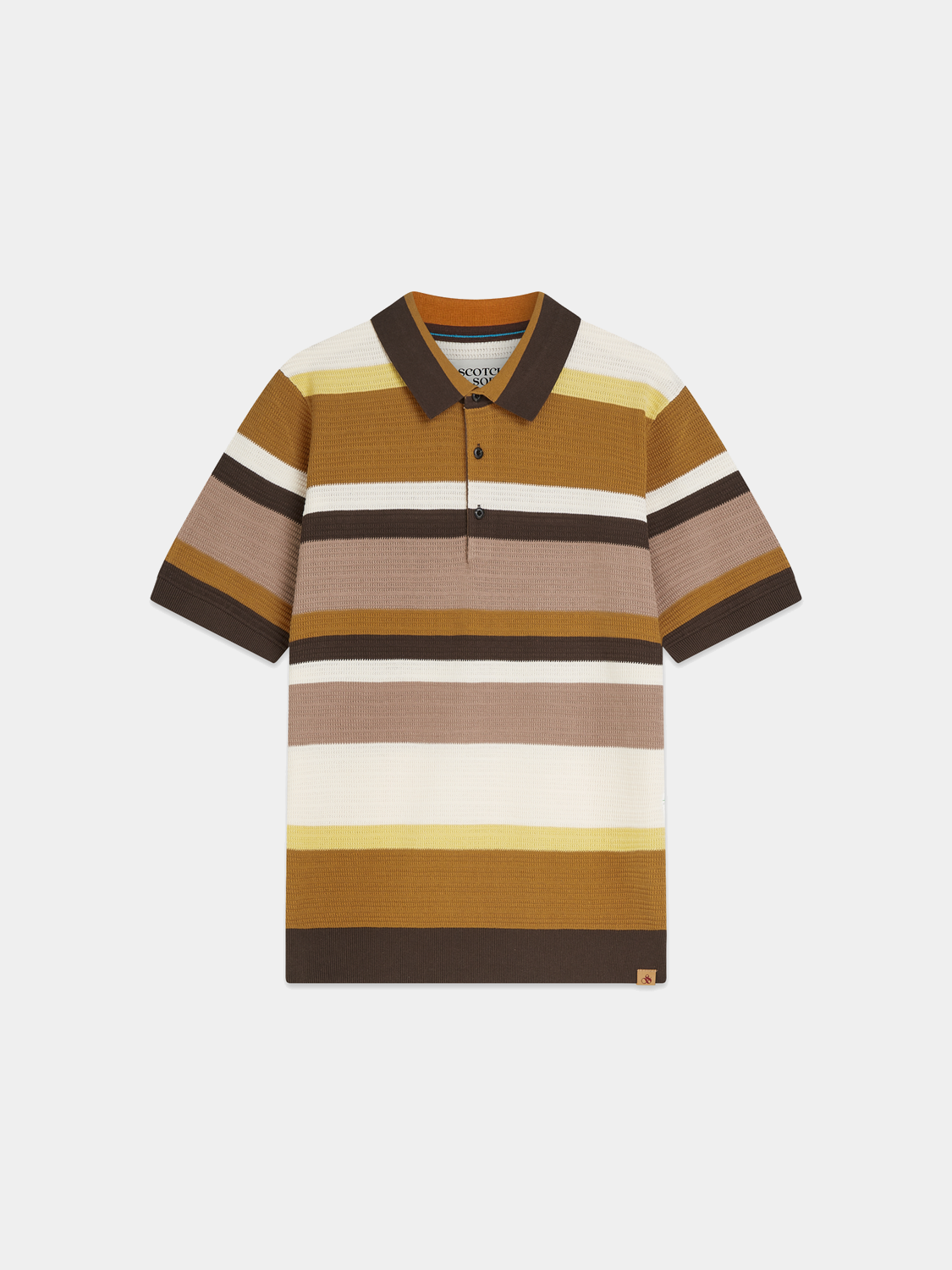 Knitted striped polo shirt by SCOTCH & SODA featuring a classic collar and multicolored horizontal stripes.