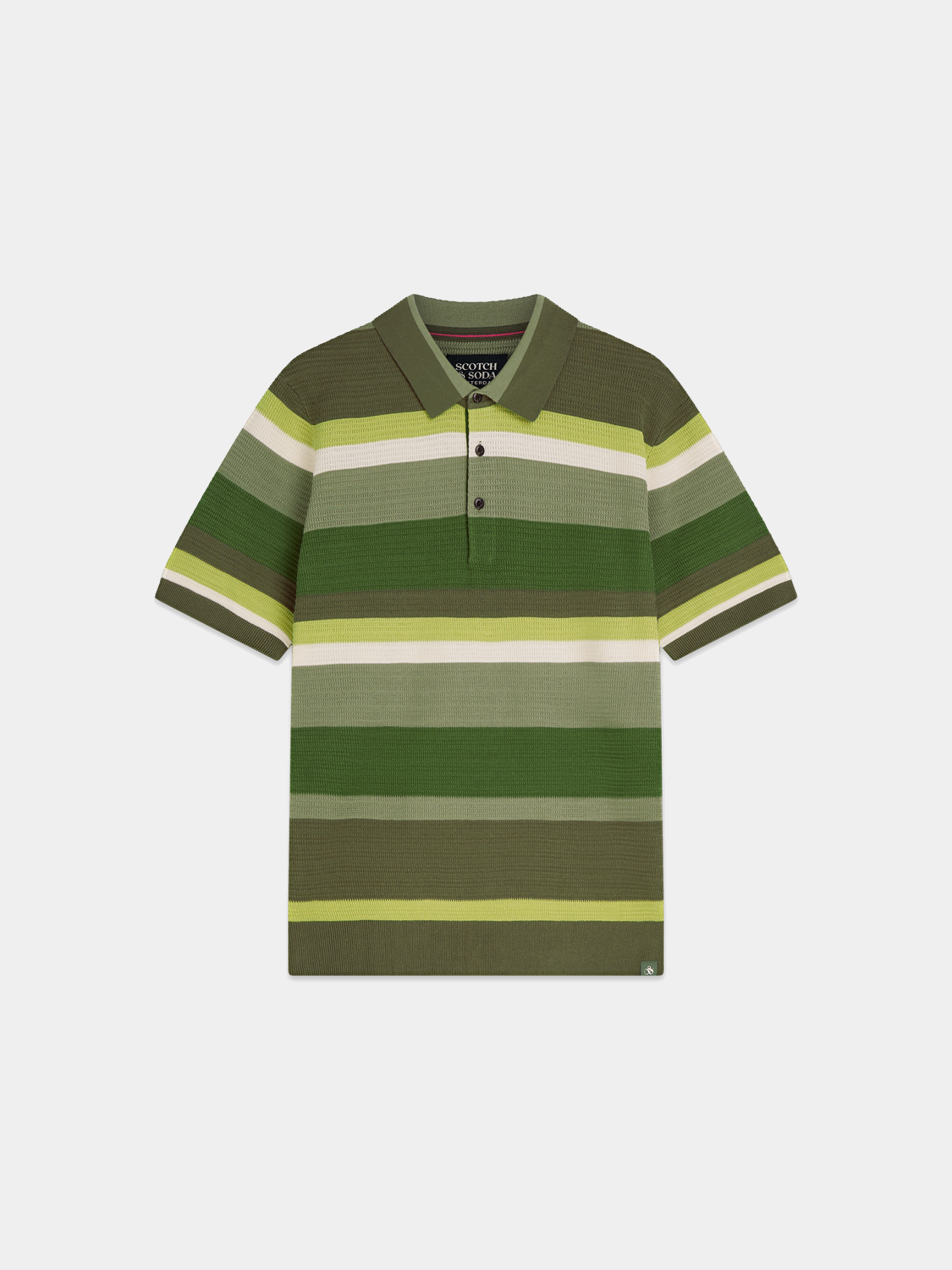 Knitted striped polo shirt by Scotch & Soda featuring a classic collar and multicolor horizontal stripes.