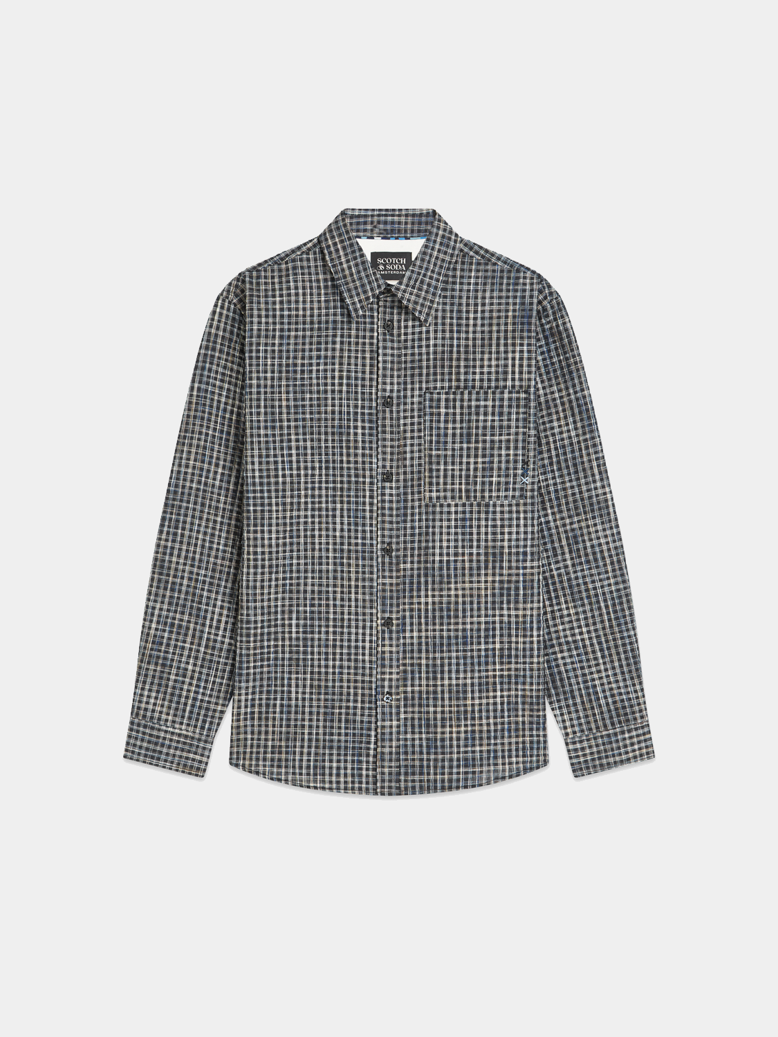 Long-sleeve seersucker micro-check shirt by Scotch & Soda, featuring a classic pattern and button-down collar.