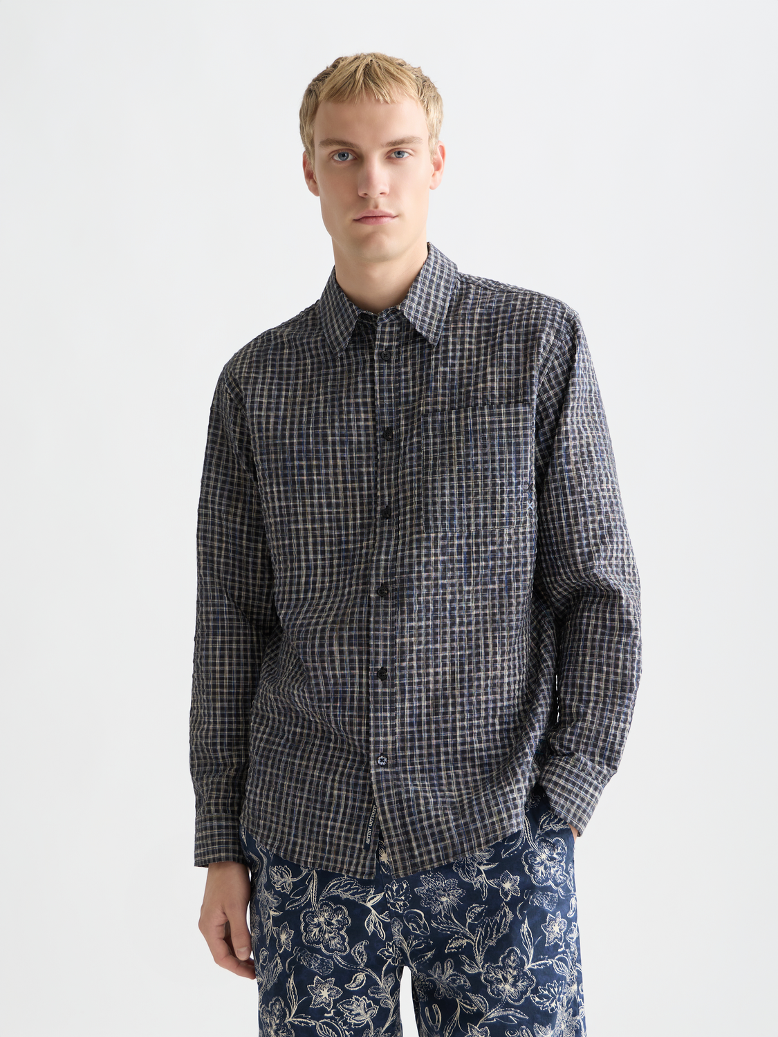 Long sleeve Scotch & Soda seersucker micro-check shirt in blue, featuring a classic collar and button front.