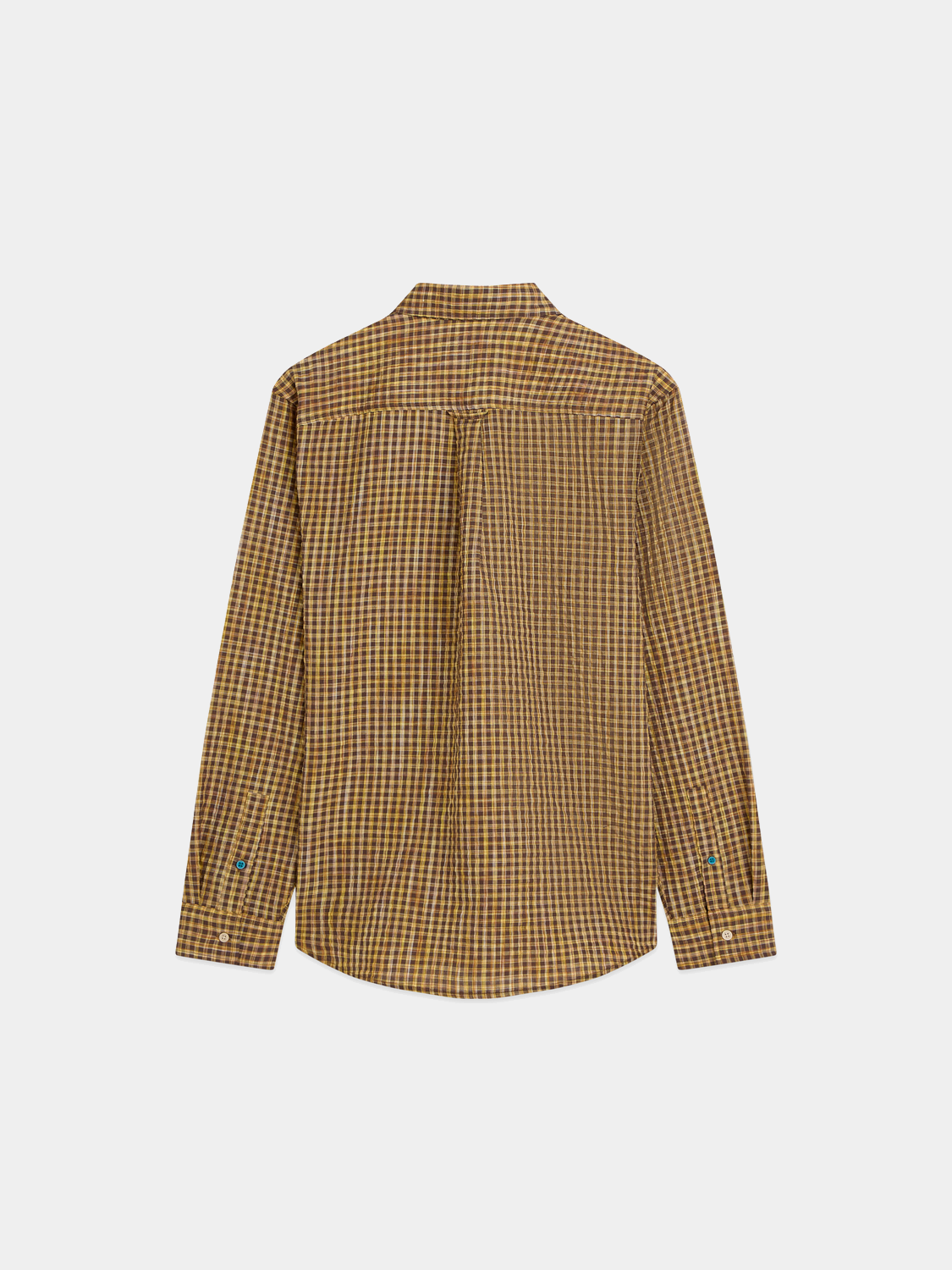 Blue seersucker micro-check long-sleeve shirt by Scotch & Soda, shown with collar and button-down front.