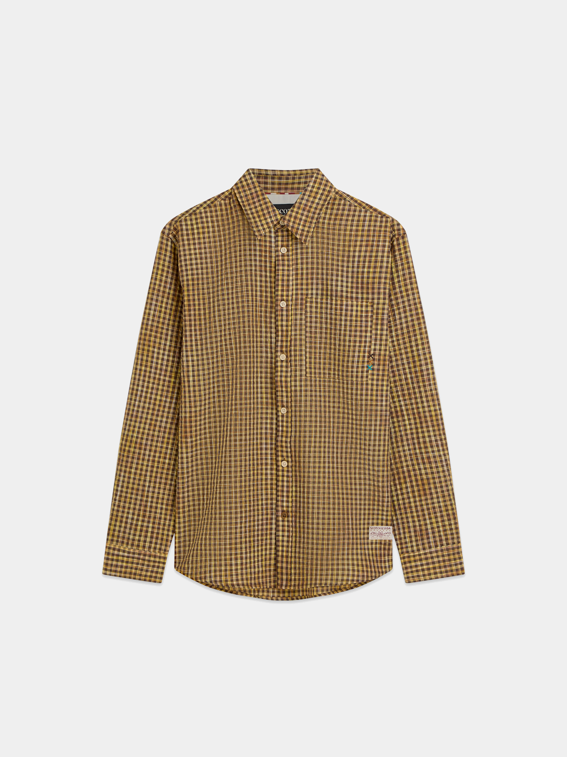 Light blue Scotch & Soda seersucker micro-check long-sleeve shirt displayed on a hanger.