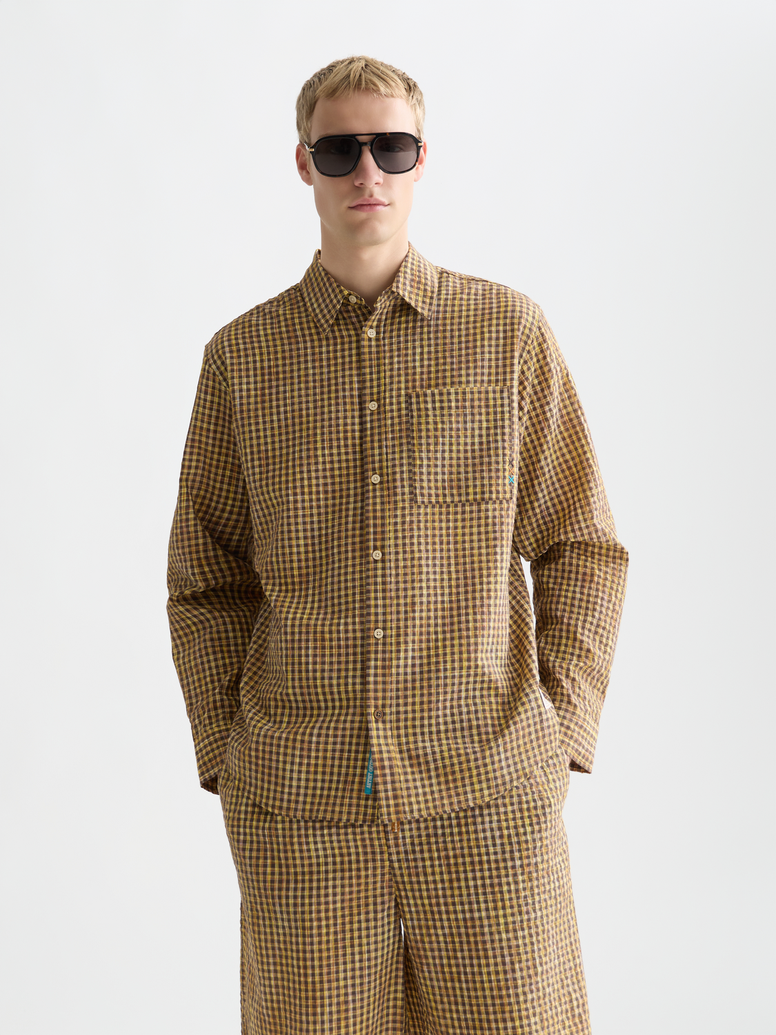 Long-sleeve Scotch & Soda seersucker micro-check shirt in light blue with a classic collar and button-down front.