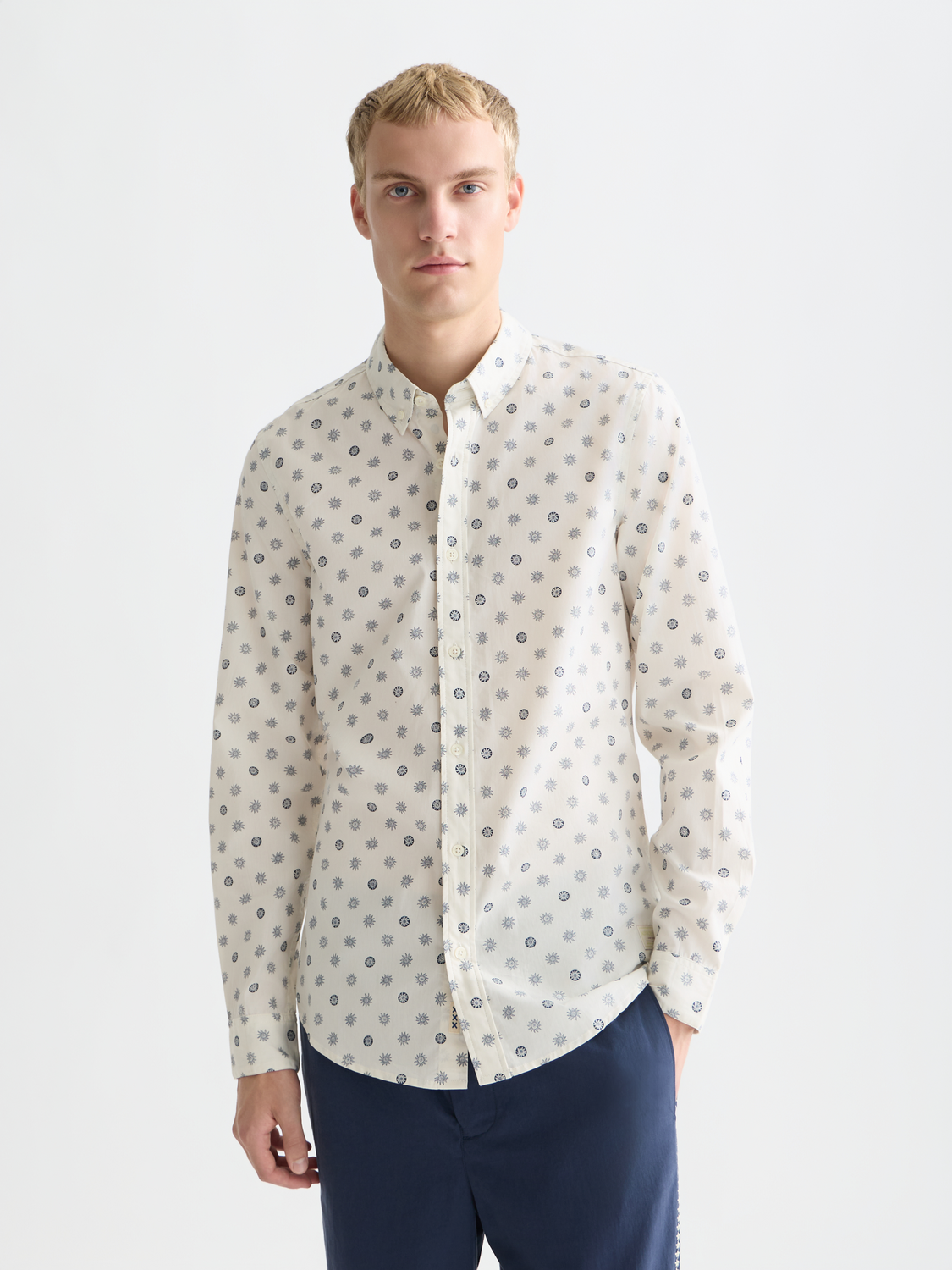 Long-sleeve printed poplin shirt by Scotch & Soda, featuring a stylish pattern and classic fit, shown on a model.
