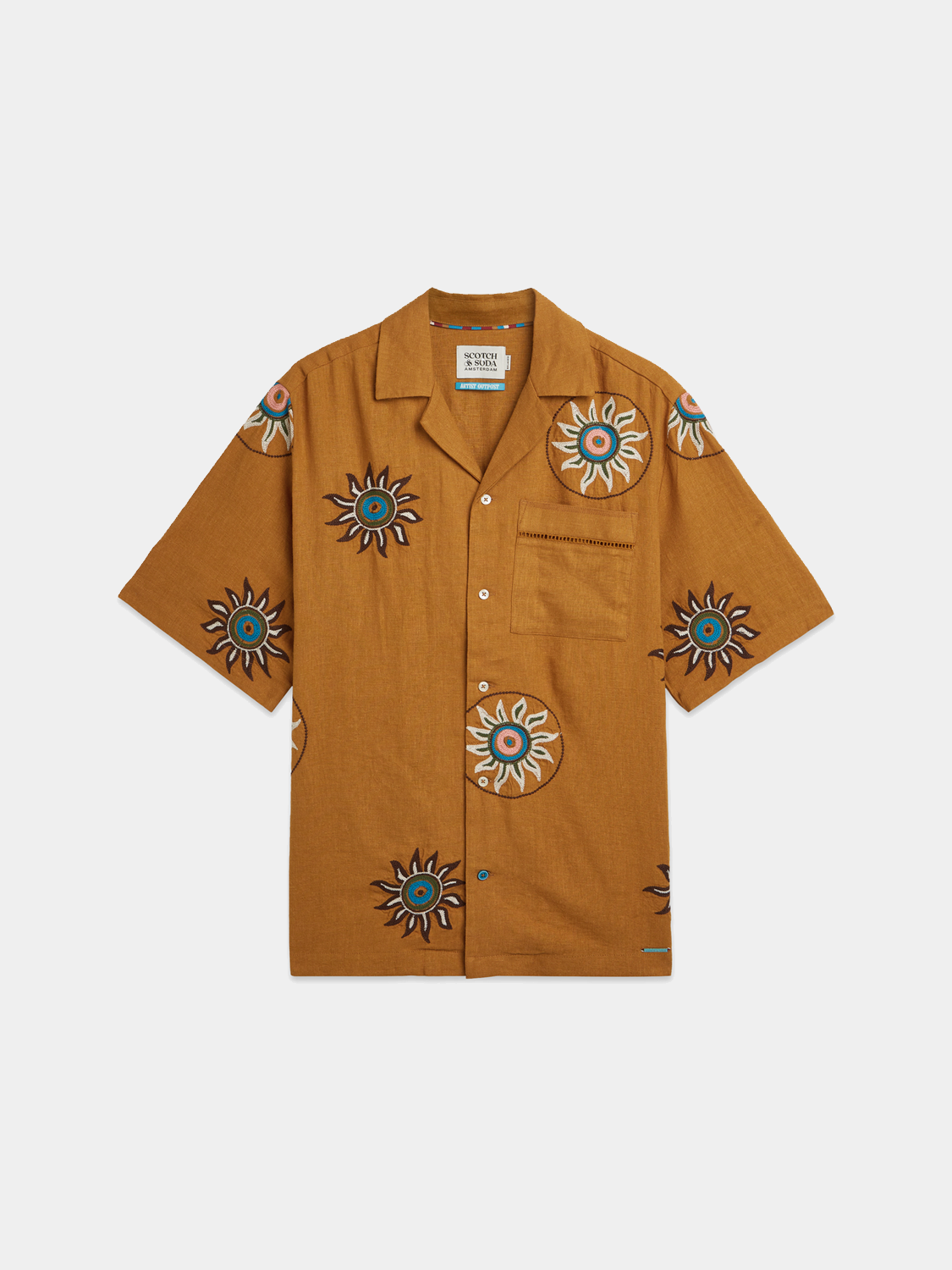 Embroidered linen short-sleeved shirt from Scotch & Soda, featuring detailed embroidery and a relaxed fit.