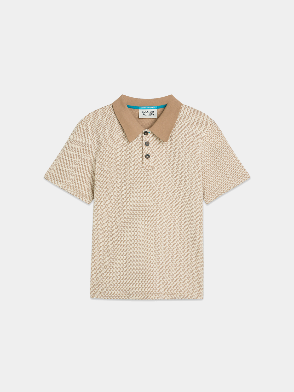 Scotch & Soda men's jacquard polo shirt with intricate woven pattern and classic collar on a neutral background.