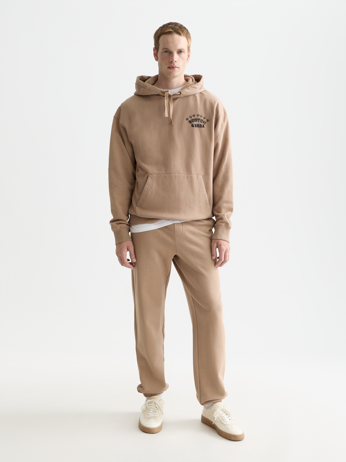 Embroidered SCOTCH & SODA hoodie in gray sweats with colorful embroidery design on front, soft and casual fit.
