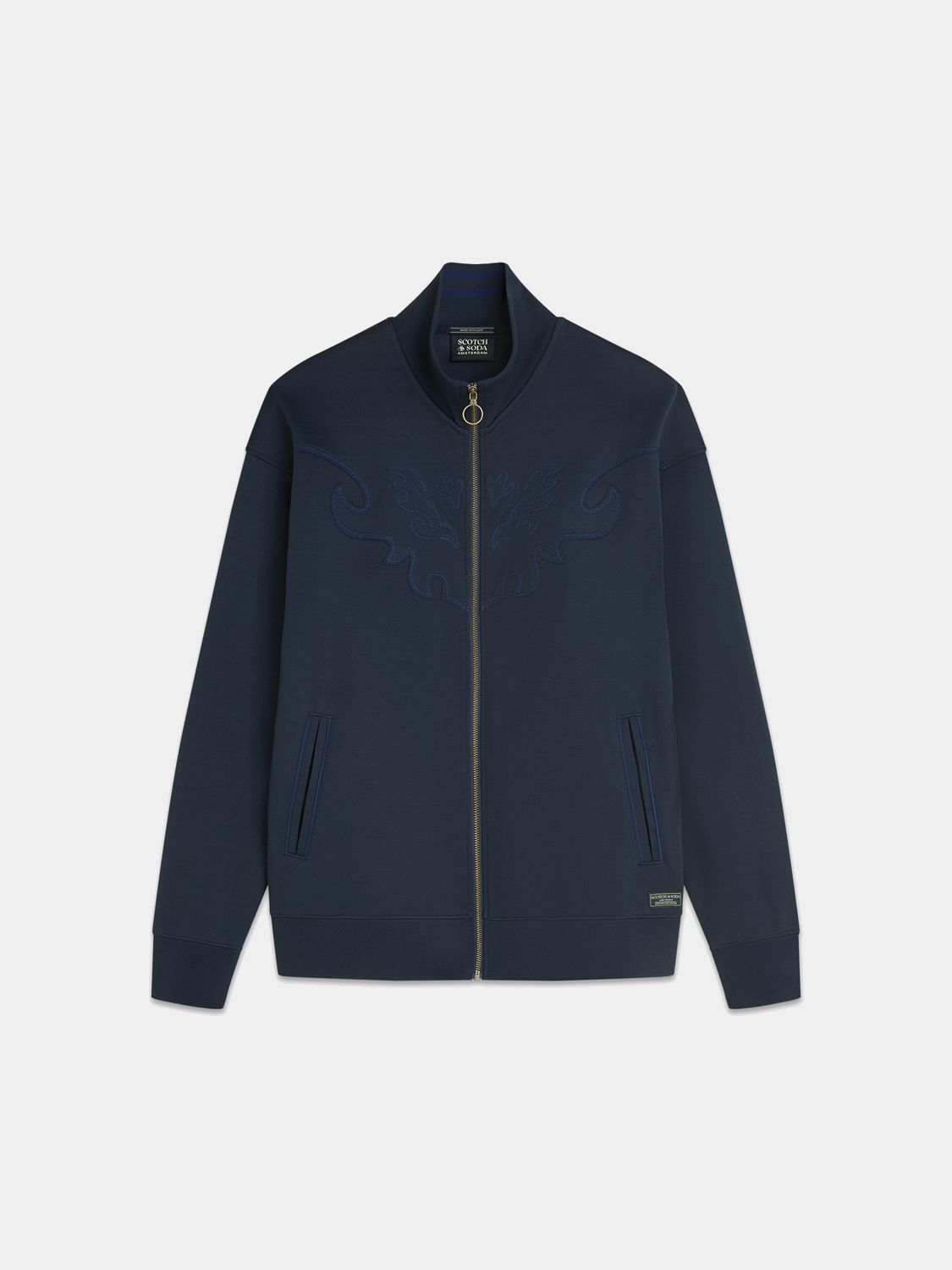 SCOTCH & SODA interlock zip-through sweatshirt, navy blue sweats with front zipper and ribbed cuffs, casual and comfortable.