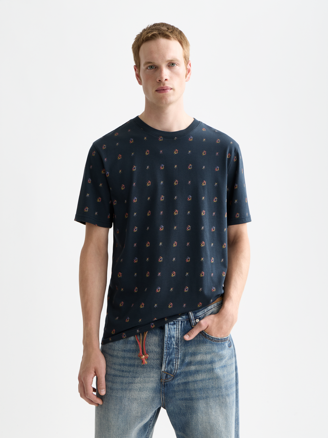 Printed SCOTCH & SODA short-sleeve T-shirt with graphic design, shown front view on white background.
