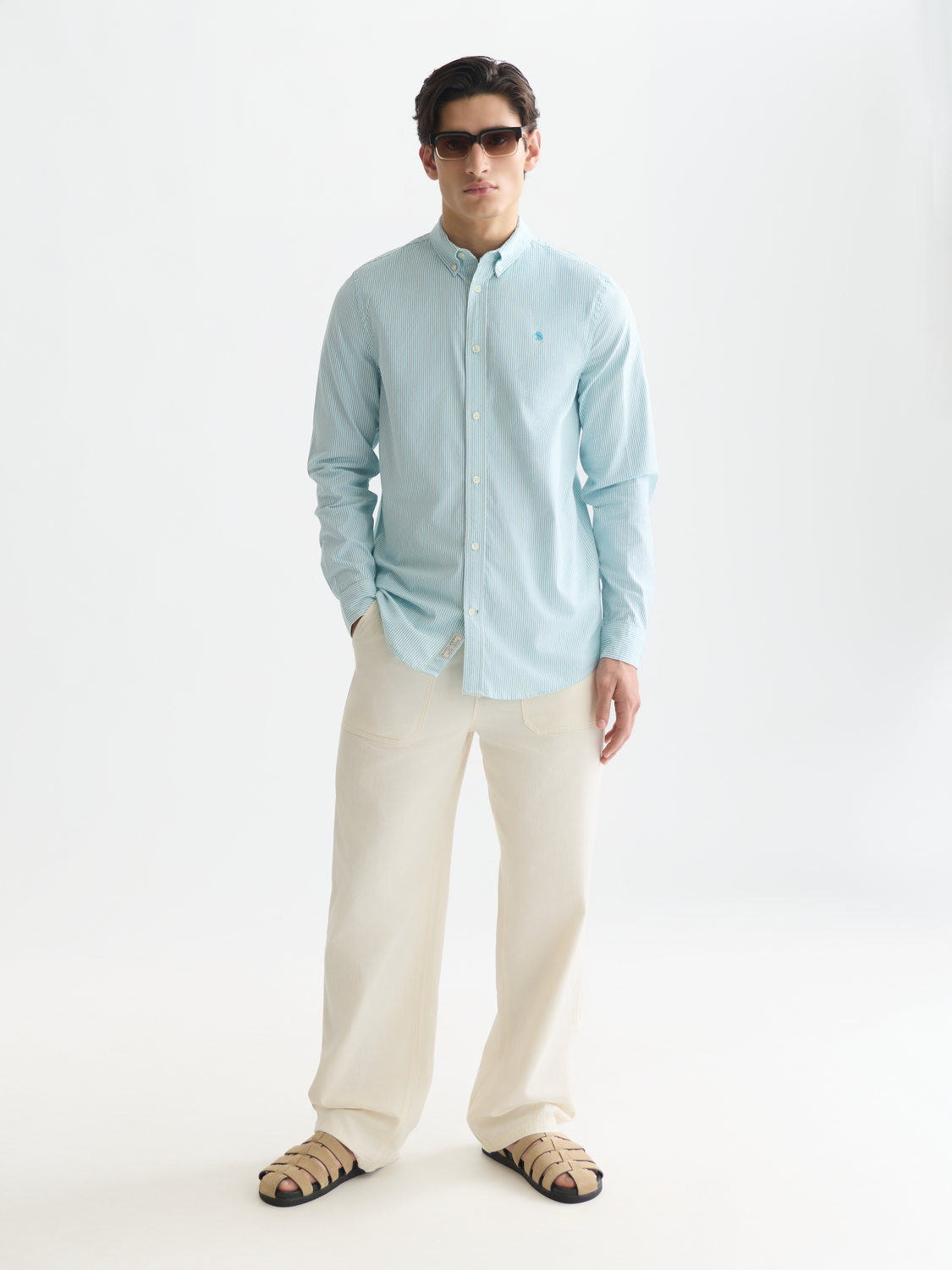 Long sleeve Scotch & Soda striped Oxford shirt with classic collar and button front, shown on a model.