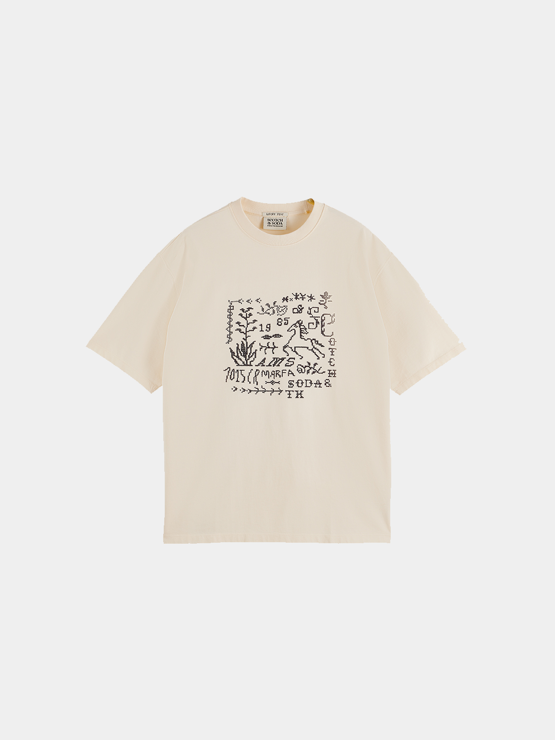 Short-sleeve Scotch & Soda cross-stitched artwork t-shirt with colorful embroidered design on soft cotton fabric.