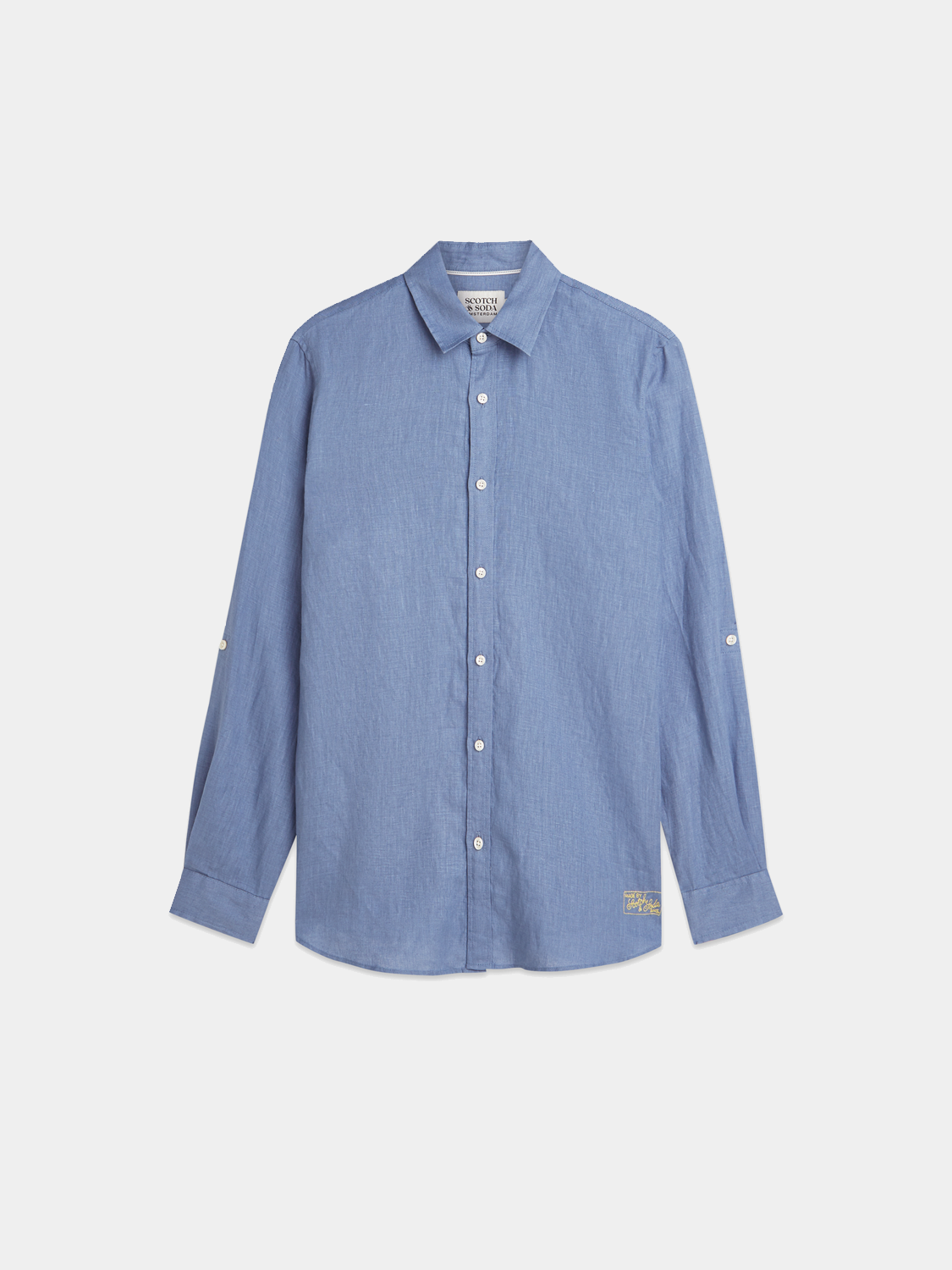 Light beige Scotch & Soda linen long-sleeve shirt with a relaxed fit, featuring a classic collar and button front.