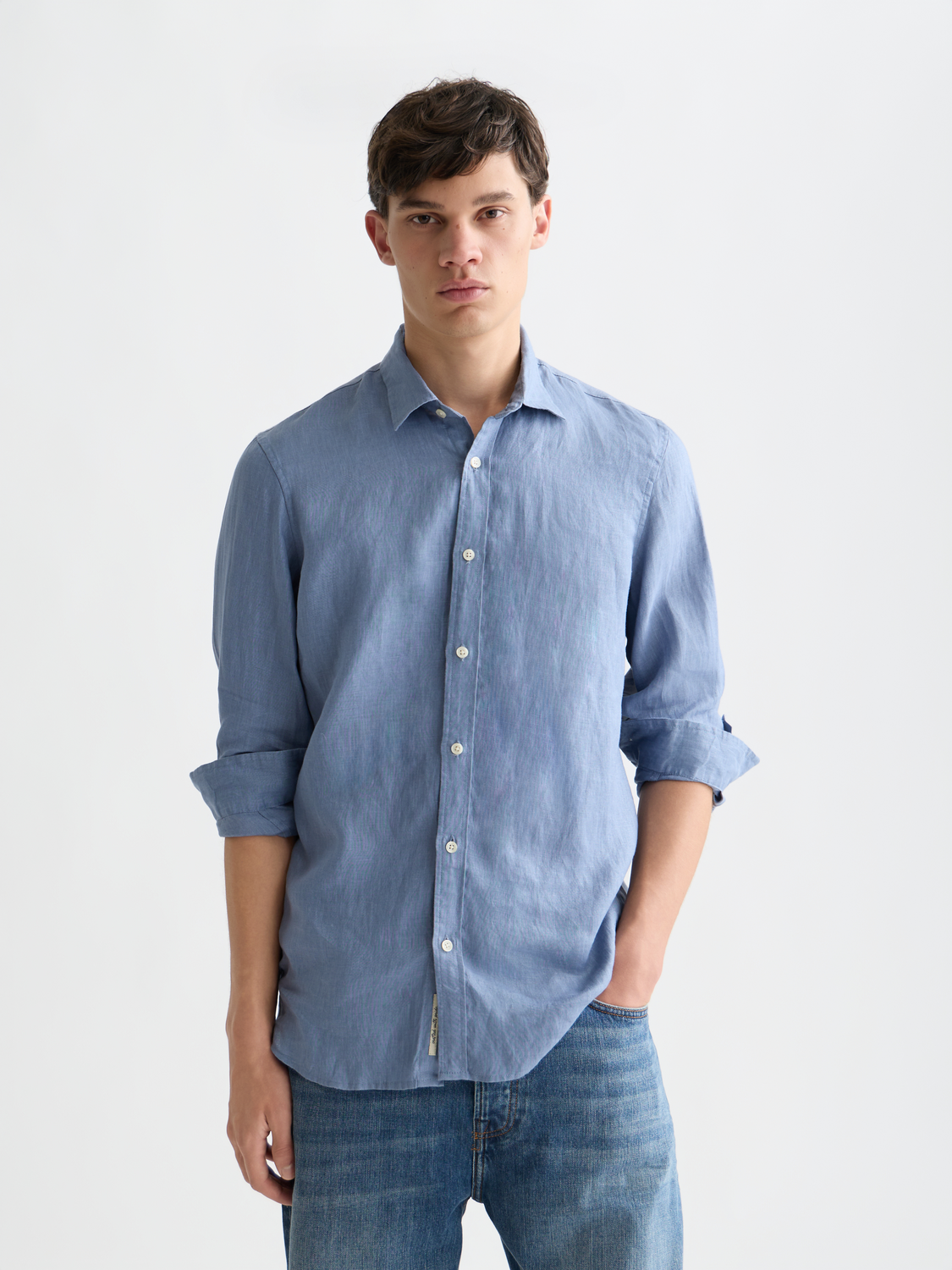 Long sleeve linen shirt by Scotch & Soda, featuring a relaxed fit and lightweight fabric, shown in a front view.