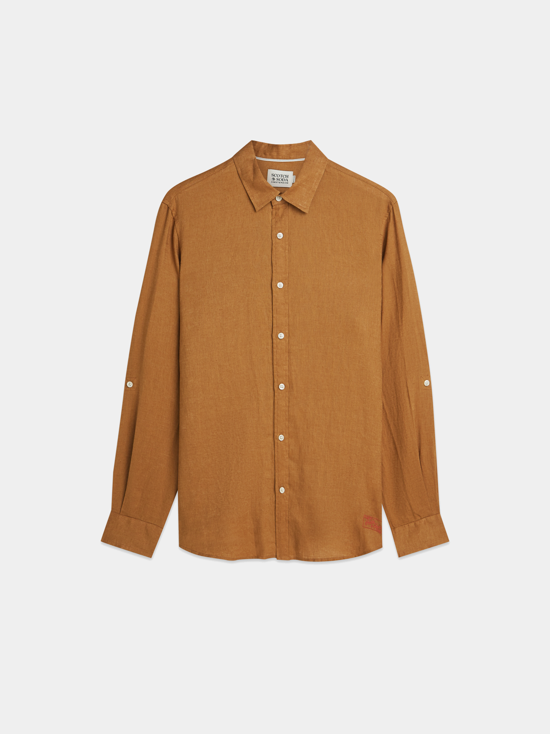 Long-sleeve linen shirt from Scotch & Soda, featuring a relaxed fit and natural fabric texture, shown in a neutral color.