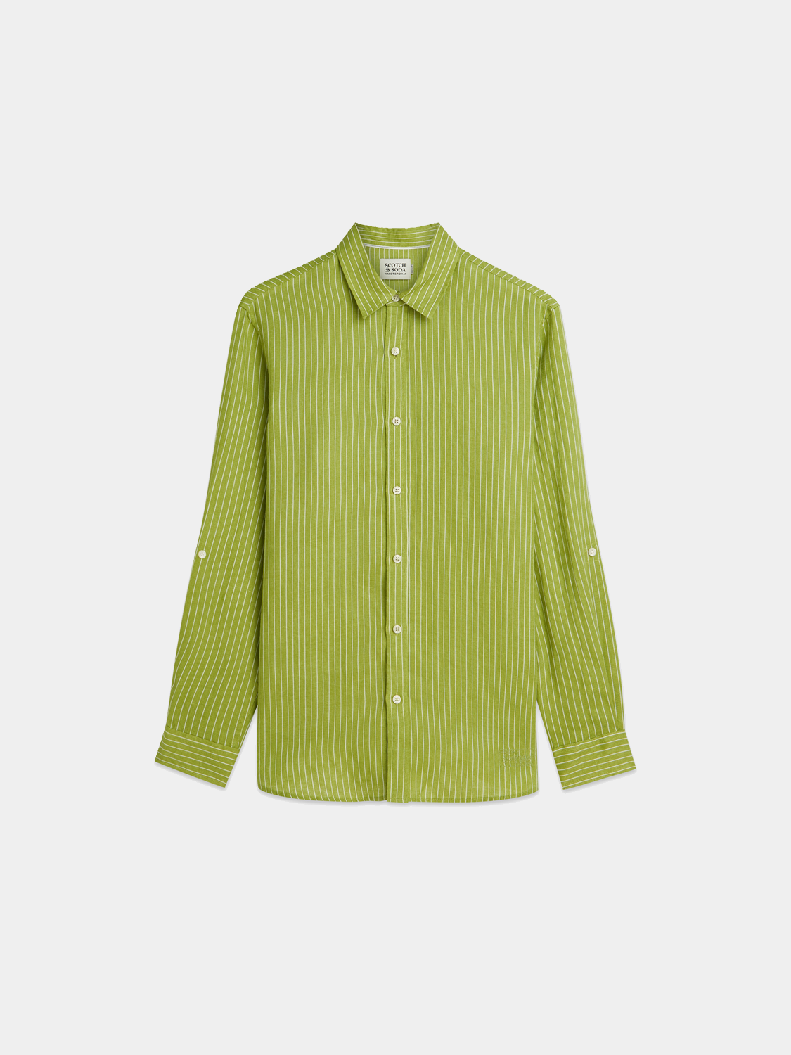 Blue and white striped Scotch & Soda long-sleeve linen shirt displayed on a hanger, showcasing casual, lightweight fabric.