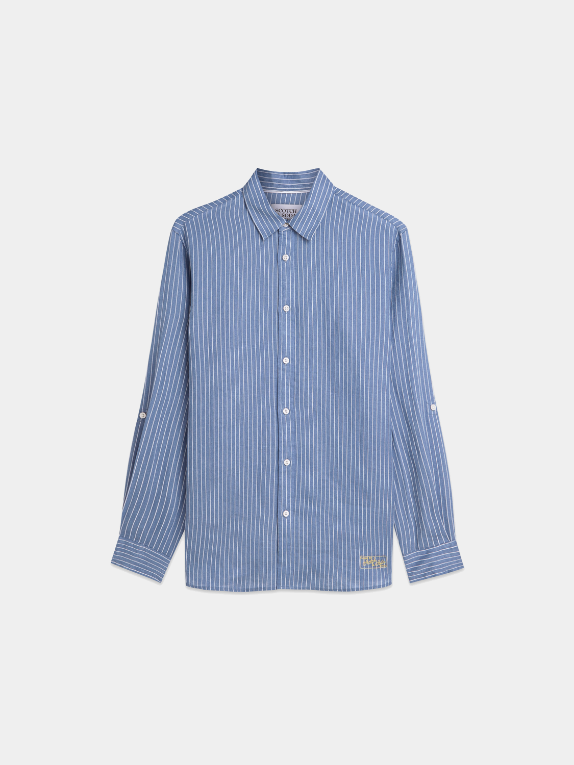 Blue and white striped linen long-sleeve shirt from Scotch & Soda, casual and breathable design, shown on a hanger.