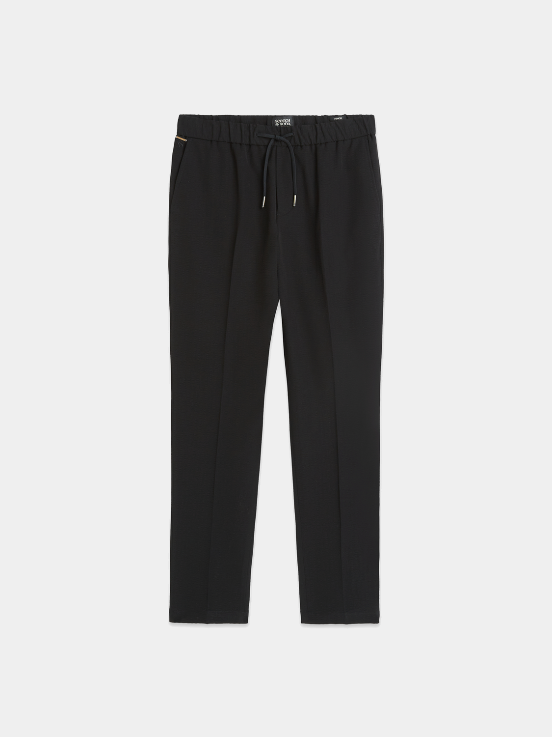 Dark blue Scotch & Soda Finch tapered-fit pants with front pockets and belt loops, showcasing a tailored casual style.