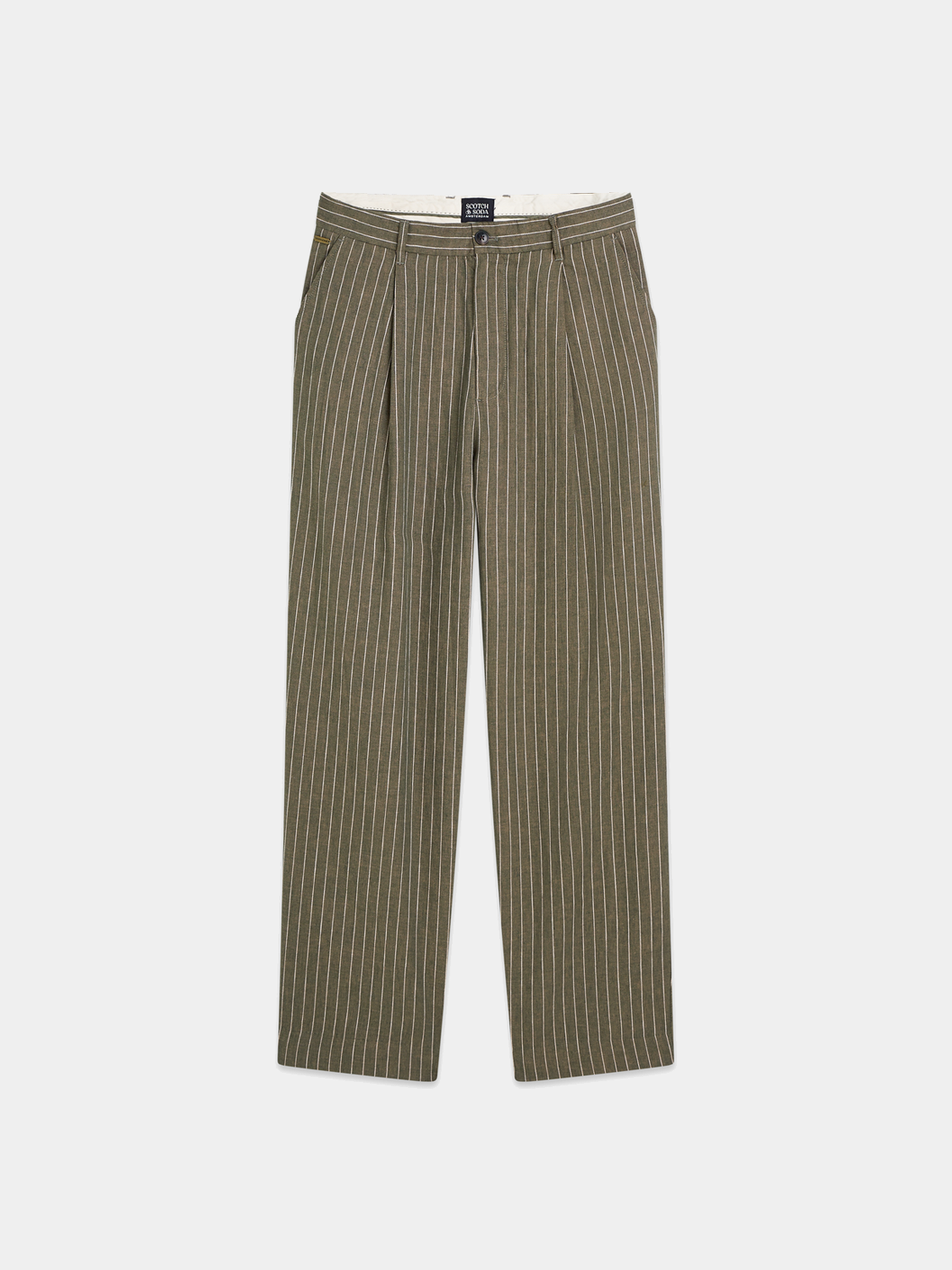 Pleated pinstriped chino pants by Scotch & Soda featuring classic design and tailored fit, visible in the image.