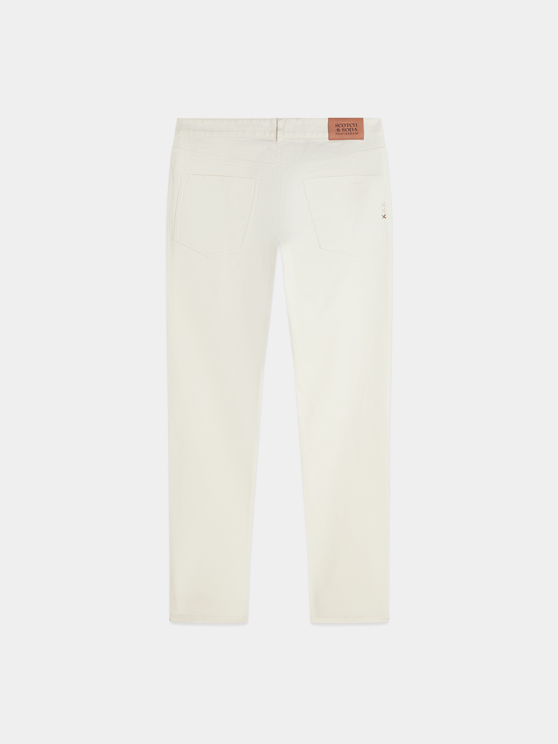 Back view of Scotch & Soda Ralston slim-fit 5-pocket pants in dark fabric, featuring classic pocket stitching and tailored fit.