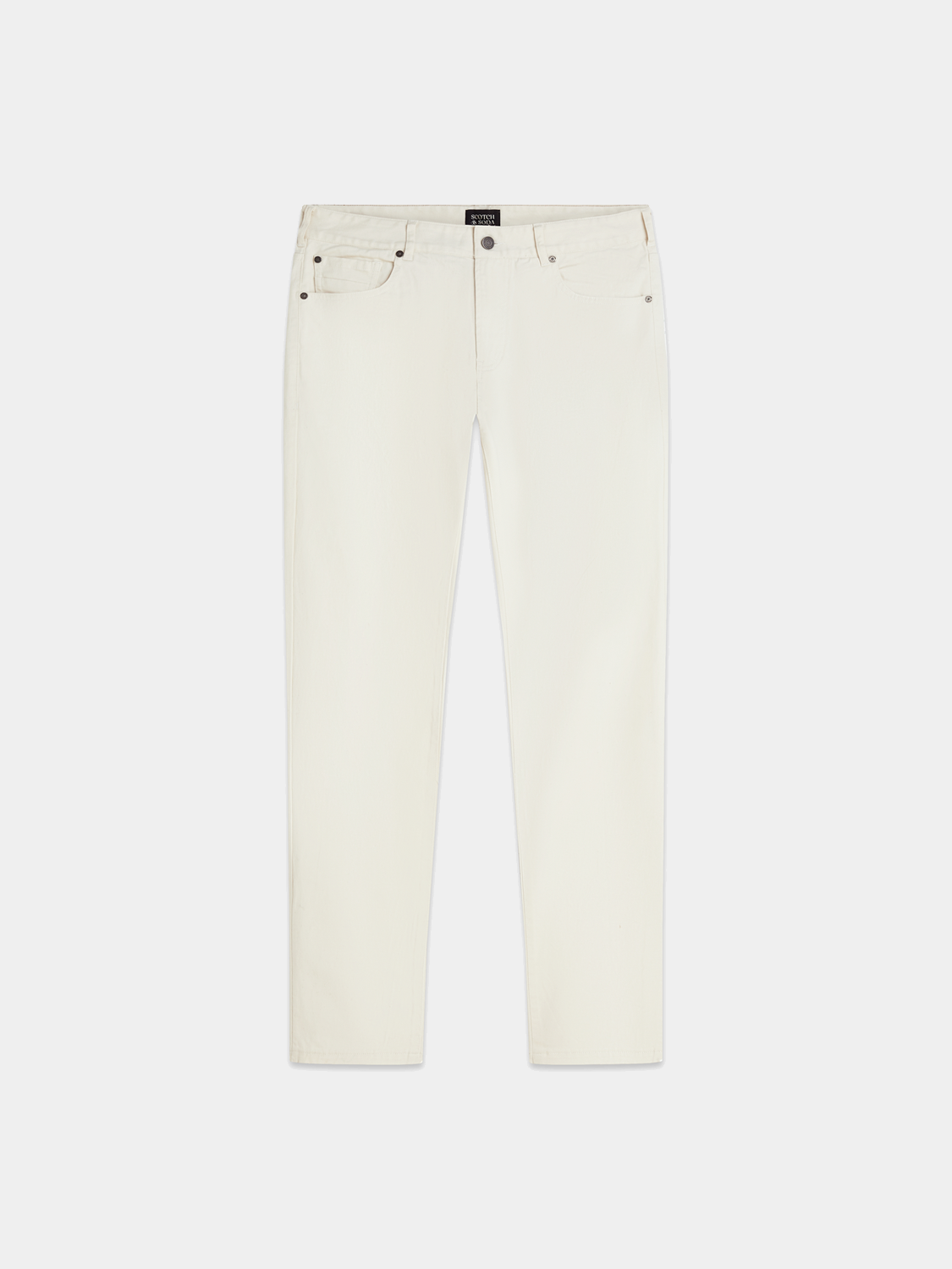 Scotch & Soda Ralston slim-fit 5-pocket pants in dark fabric, front view showing classic pocket design and modern fit.
