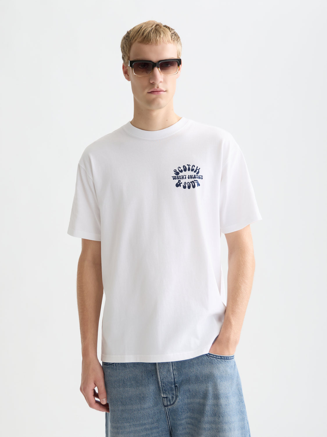 Scottish & SODA artwork T-shirt, short sleeve tee with colorful graphic design on front, casual men's fashion top.