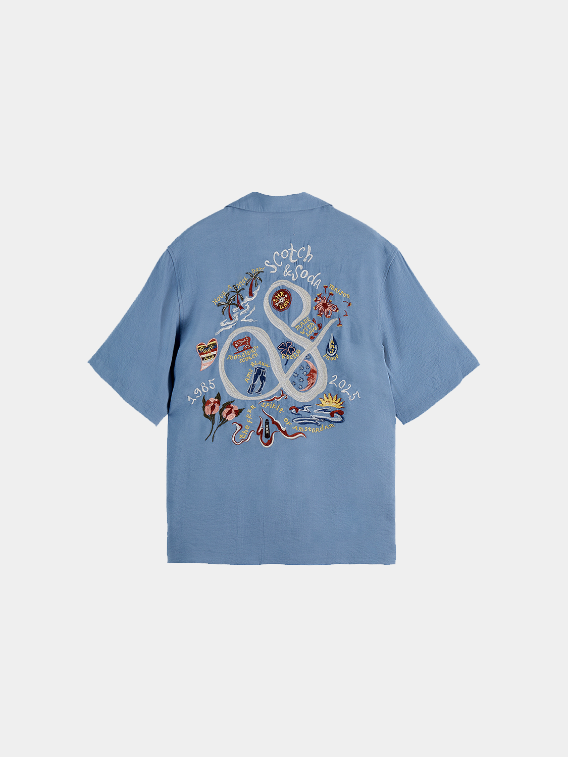 Black embroidered Scotch & Soda short sleeve shirt with floral patterns and button-front design.