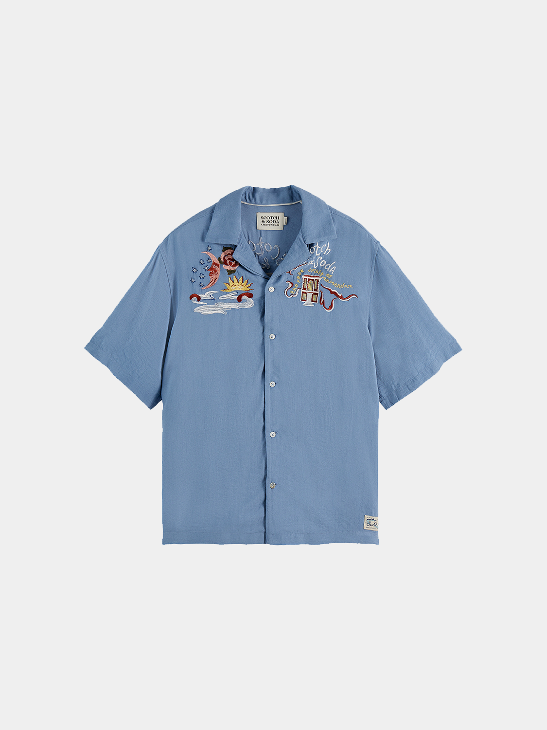 Light blue Scotch & Soda embroidered short-sleeve shirt with floral and geometric embroidery on the front and collar.