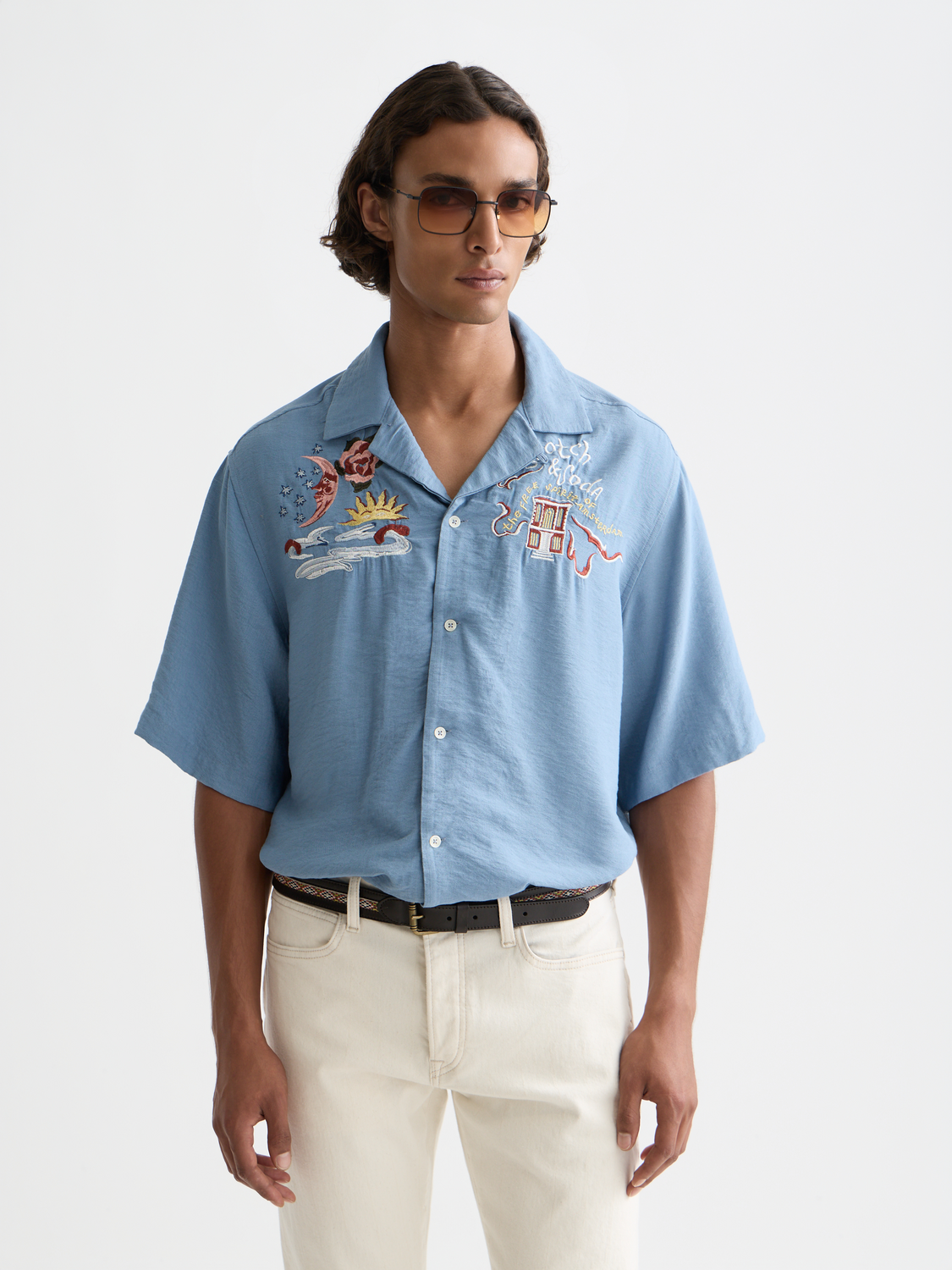 Embroidered short-sleeve shirt by Scotch & Soda featuring intricate embroidery on lightweight fabric, front view.