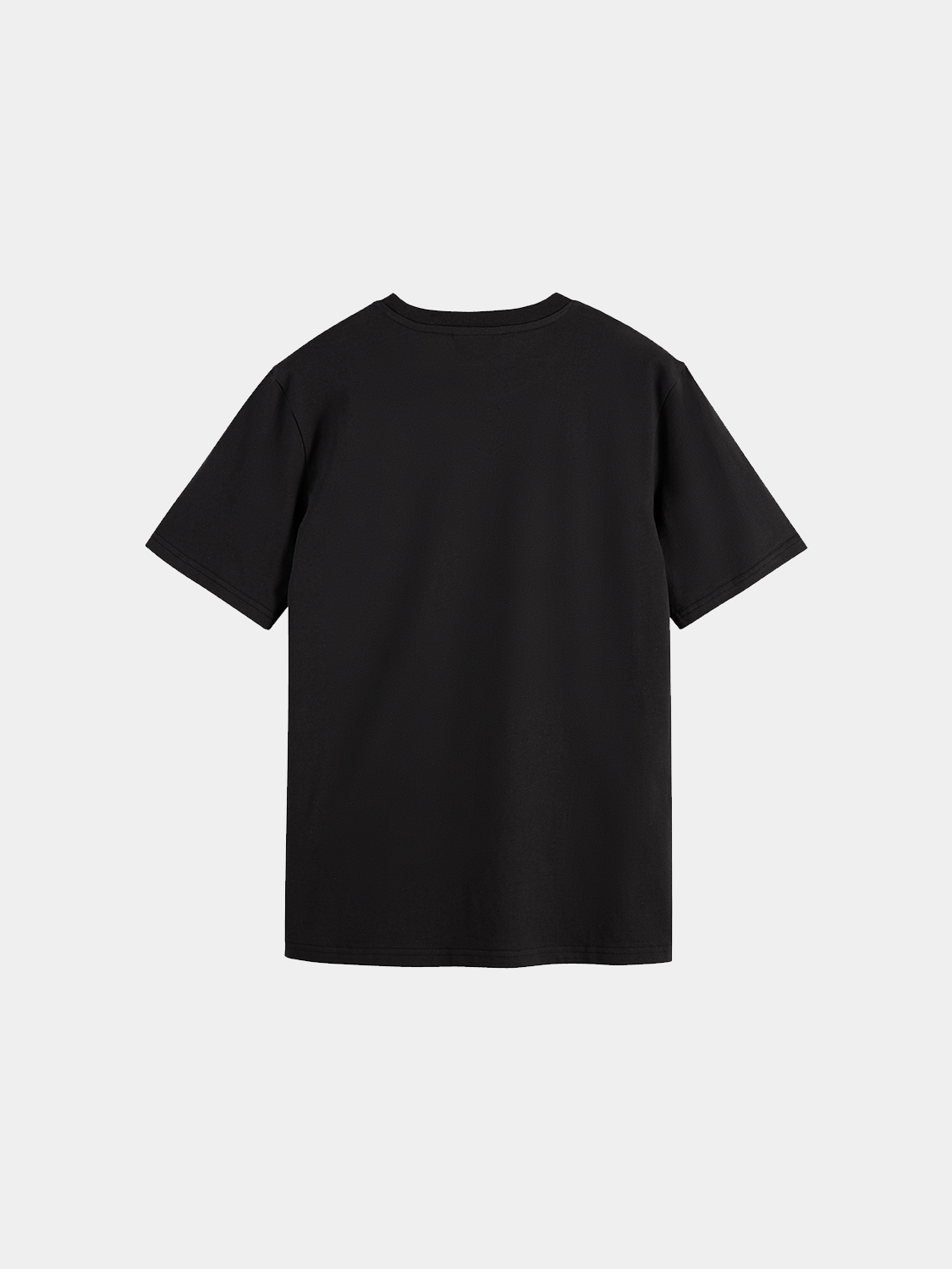 Black short-sleeve Scotch & Soda logo t-shirt with front graphic design on a plain background.