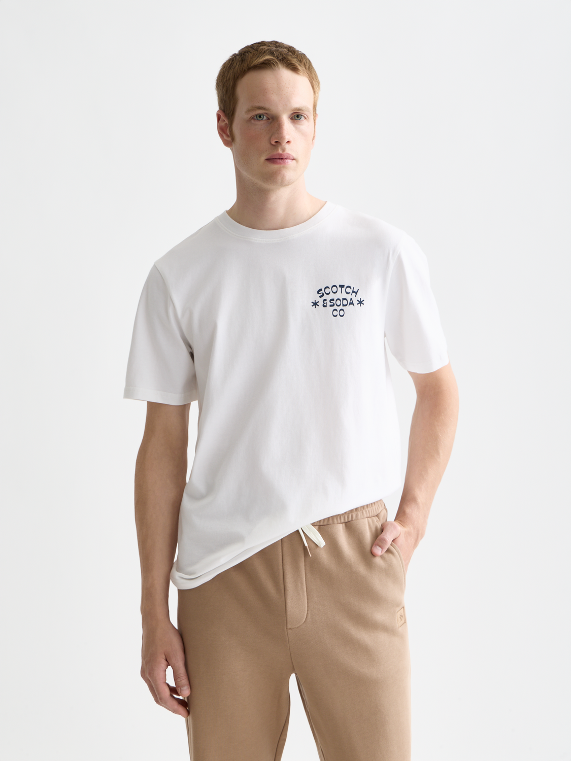 Scotch & Soda logo T-shirt, short-sleeve cotton tee with bold front logo, casual fit, in black with white logo design.