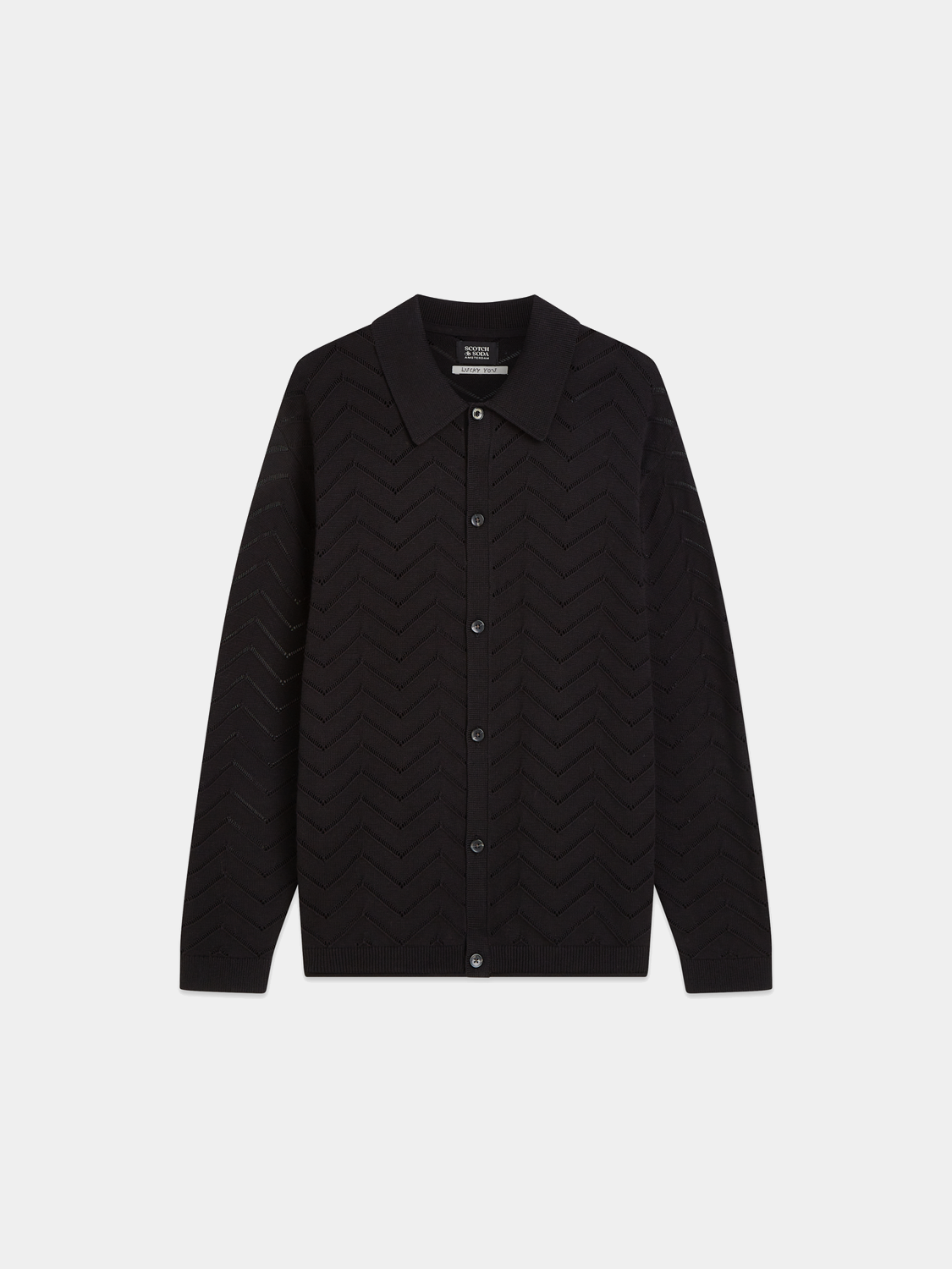 Pointelle knit cardigan by Scotch & Soda, soft knitwear with delicate openwork pattern, featuring long sleeves and a relaxed fit.