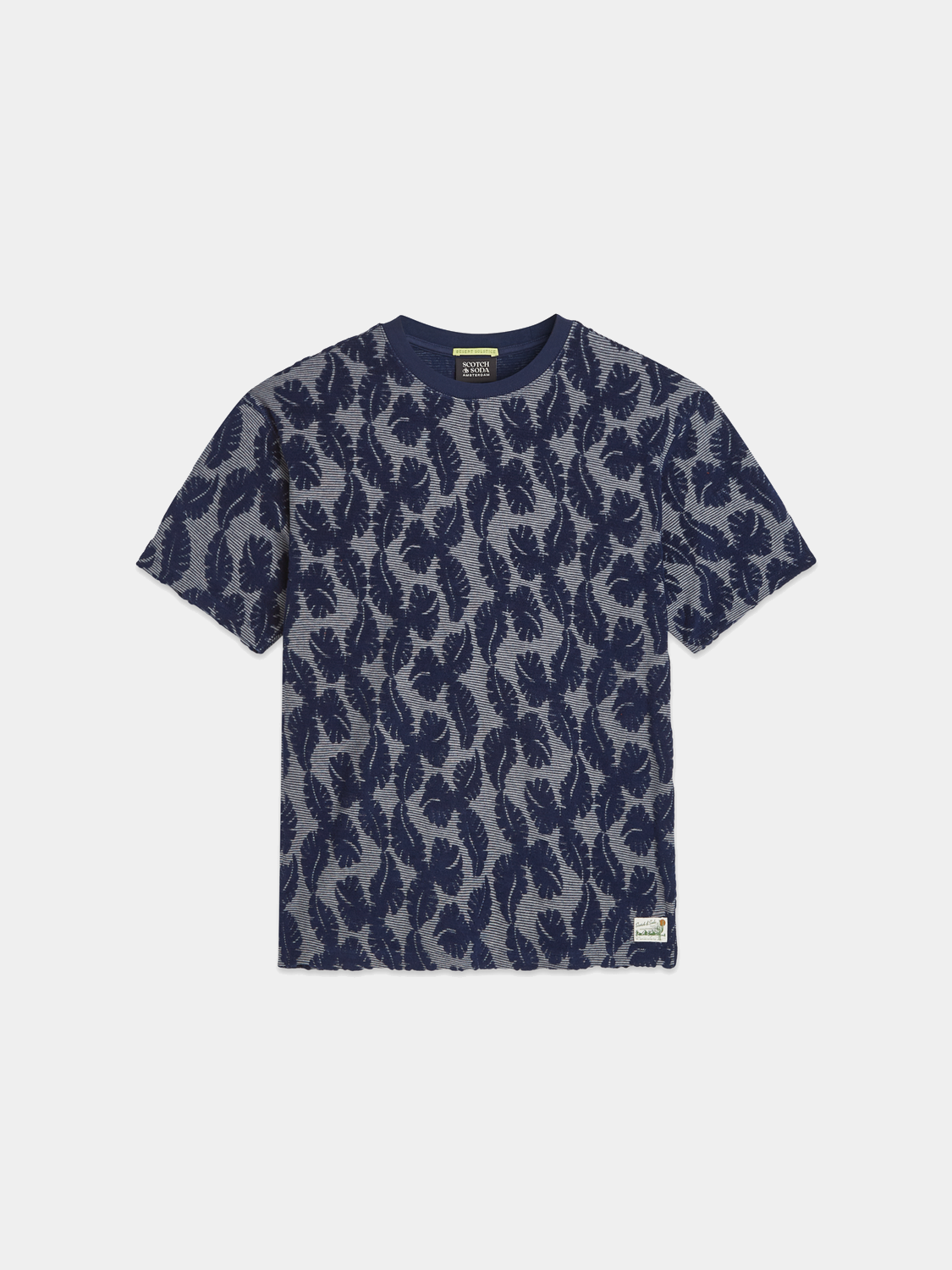 Striped jacquard Scotch & Soda short-sleeve t-shirt with a fitted crew neck, featuring bold vertical stripe pattern.