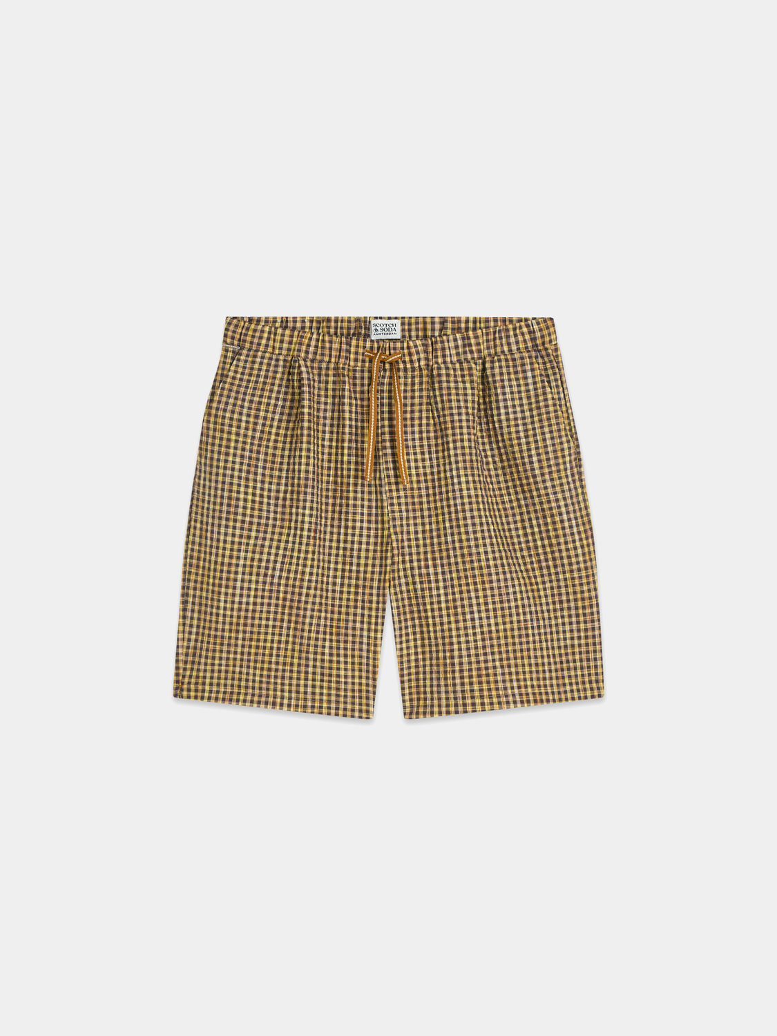 Light blue Scotch & Soda seersucker shorts with a relaxed fit, featuring a textured striped pattern and side pockets.