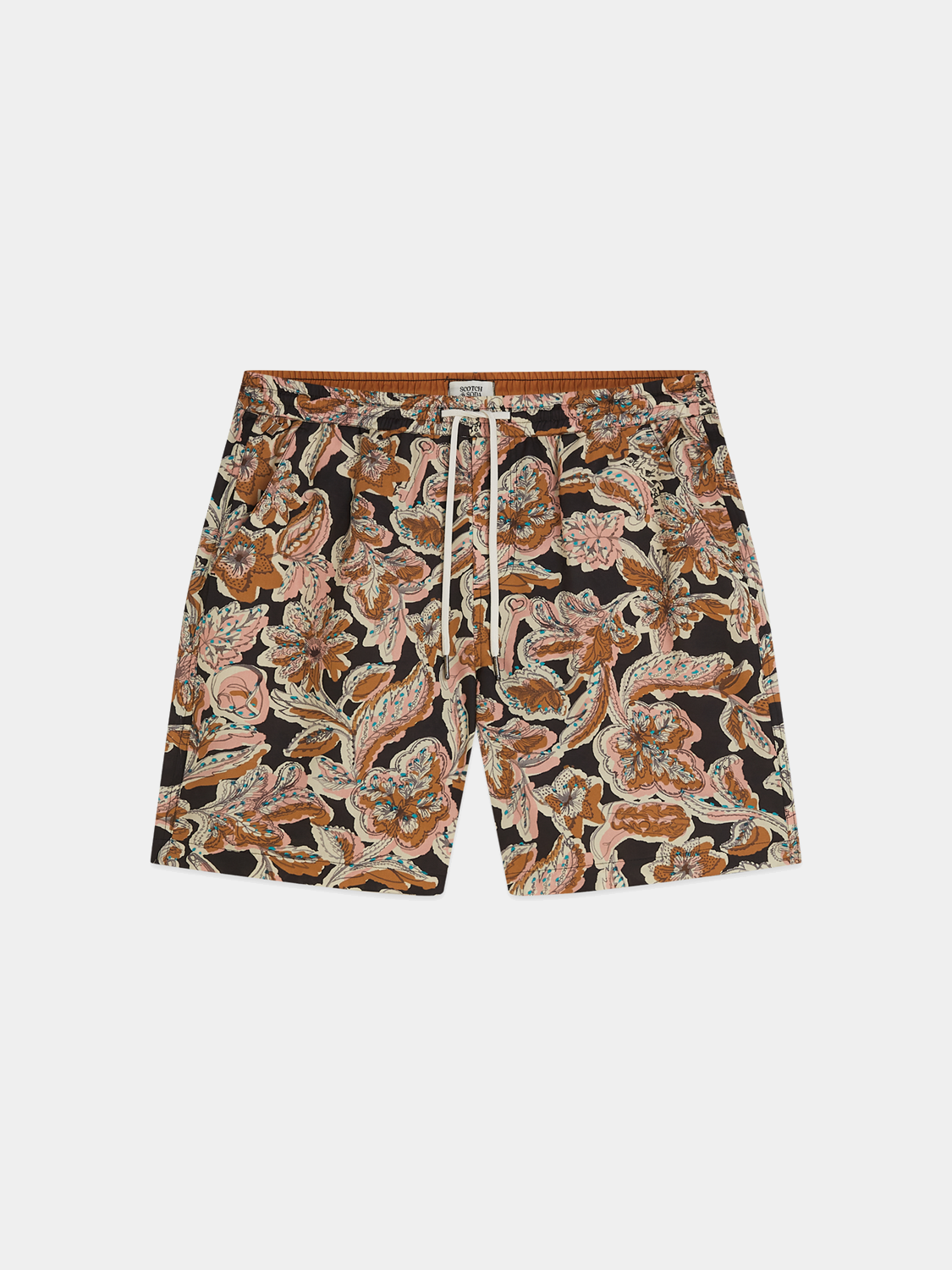 Printed SCOTCH & SODA swimshorts with vibrant tropical pattern, lightweight swimwear for men, front view.