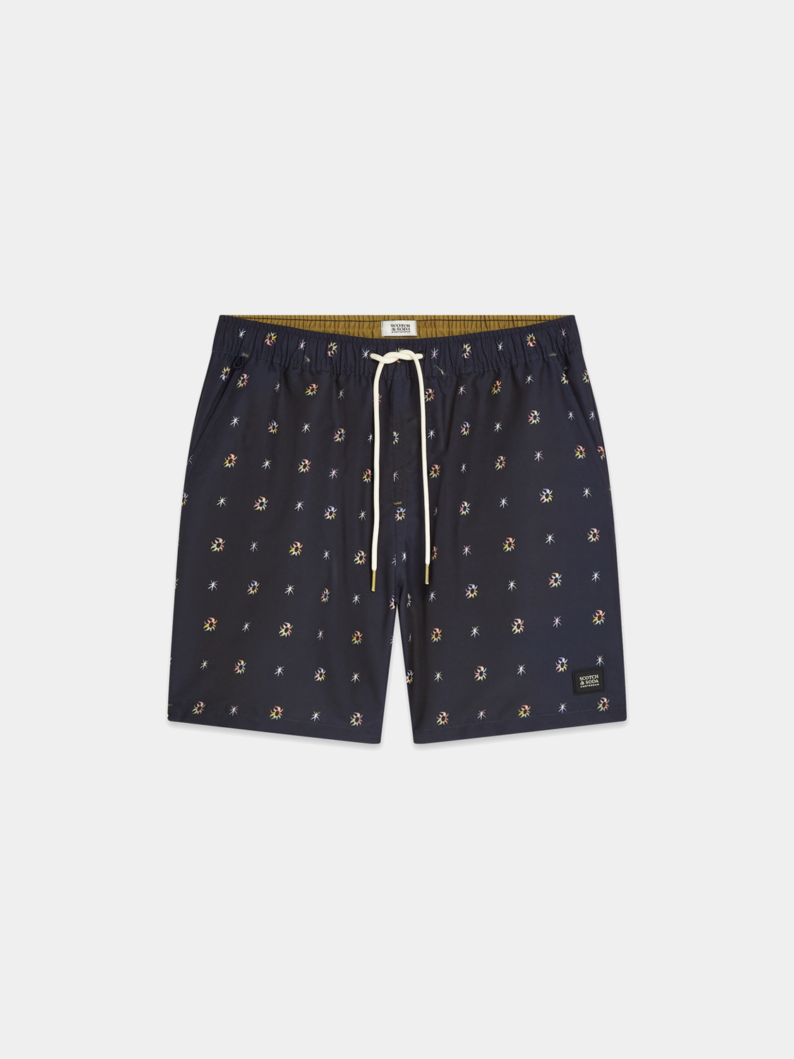Printed SCOTCH & SODA swimshorts with colorful tropical pattern, showcasing lightweight swimwear design with elastic waistband.