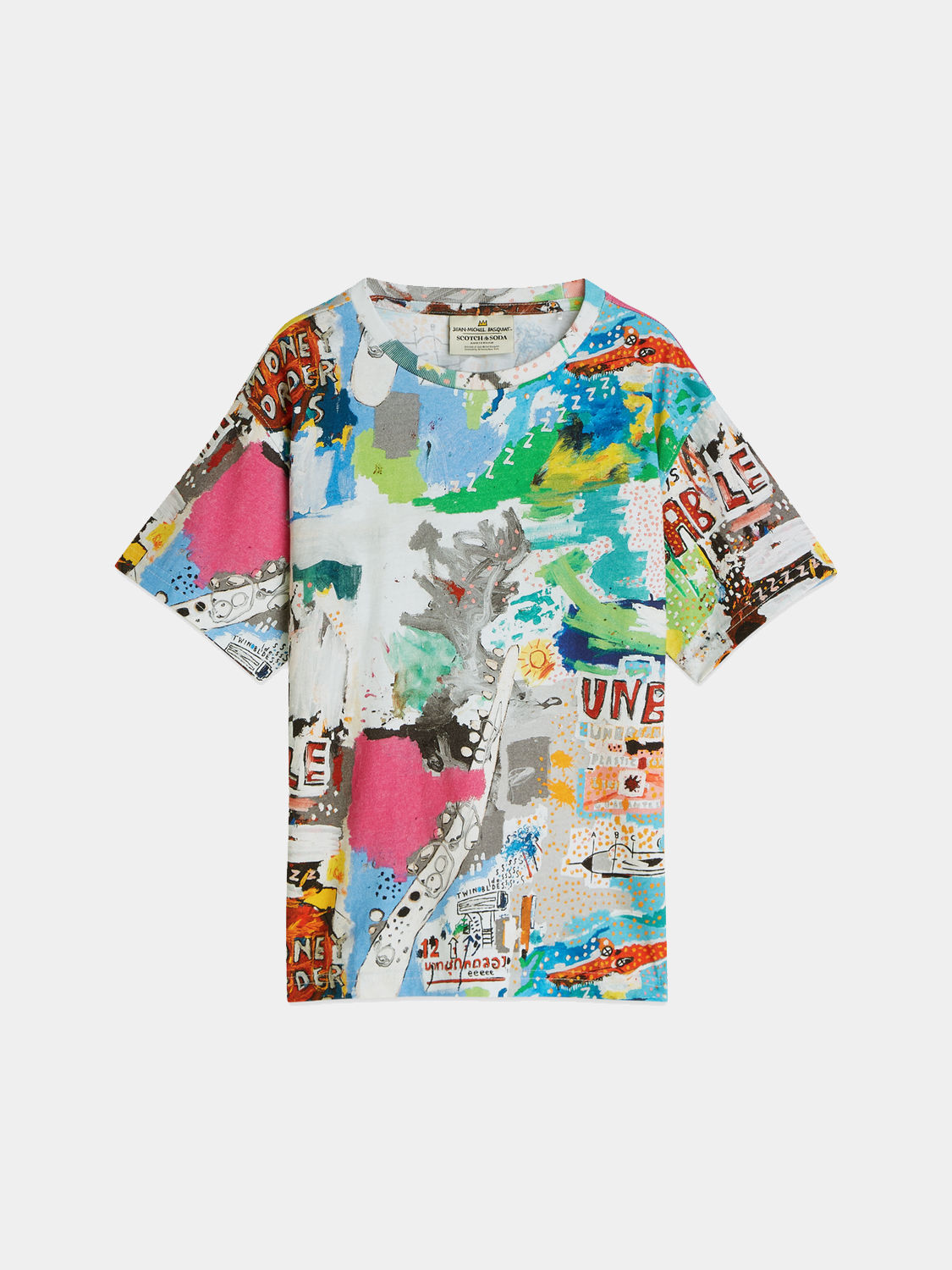 Kids' short sleeve t-shirt featuring S&S x Basquiat artwork, Scotch & Soda brand, with colorful graphic design.