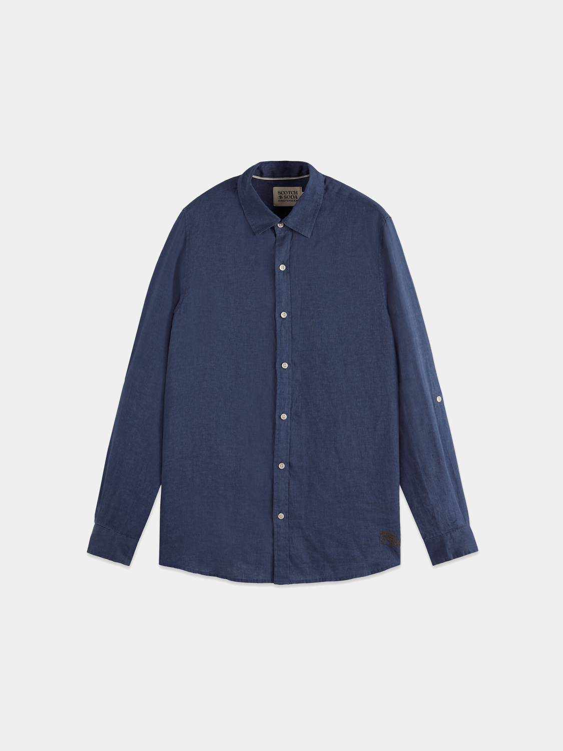 Long-sleeve Scotch & Soda linen shirt with button-up front and classic collar, displayed on a hanger.