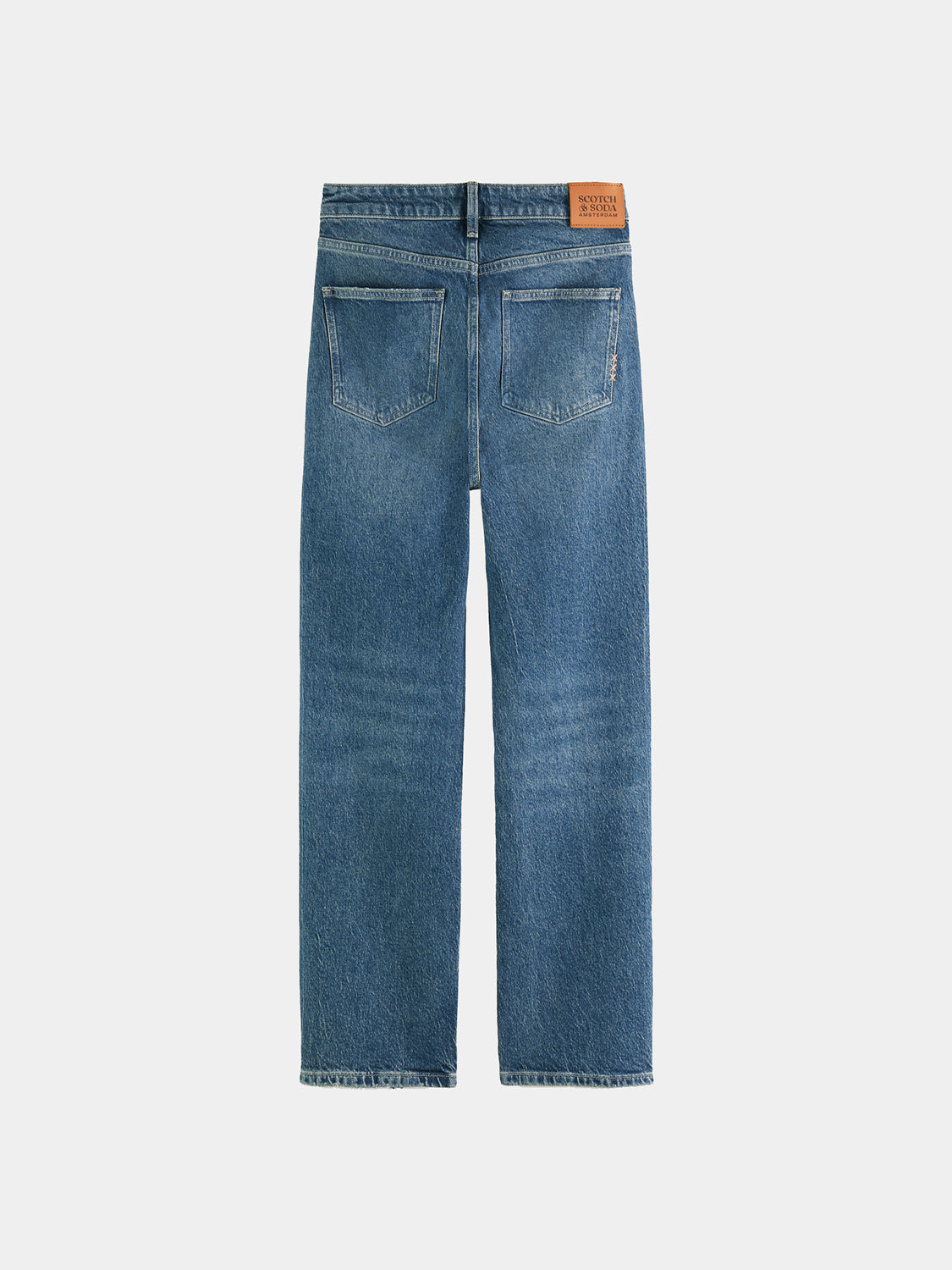 Dark blue Scotch & Soda Sky straight fit denim jeans shown from the back with classic stitching and a leather patch on the waistband.