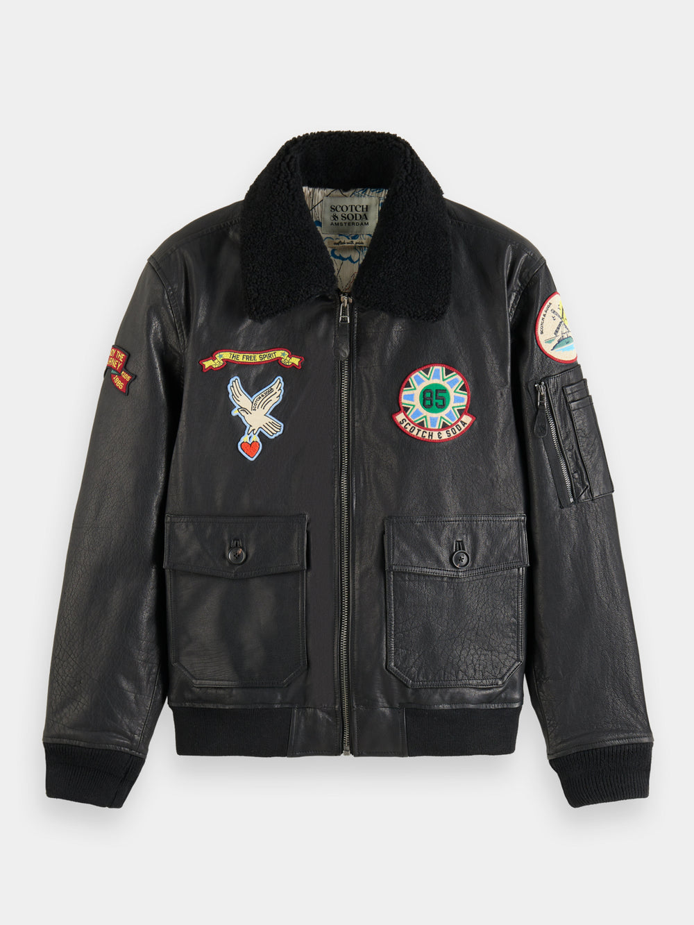 Leather bomber jacket with detachable teddy collar - Scotch & Soda NZ