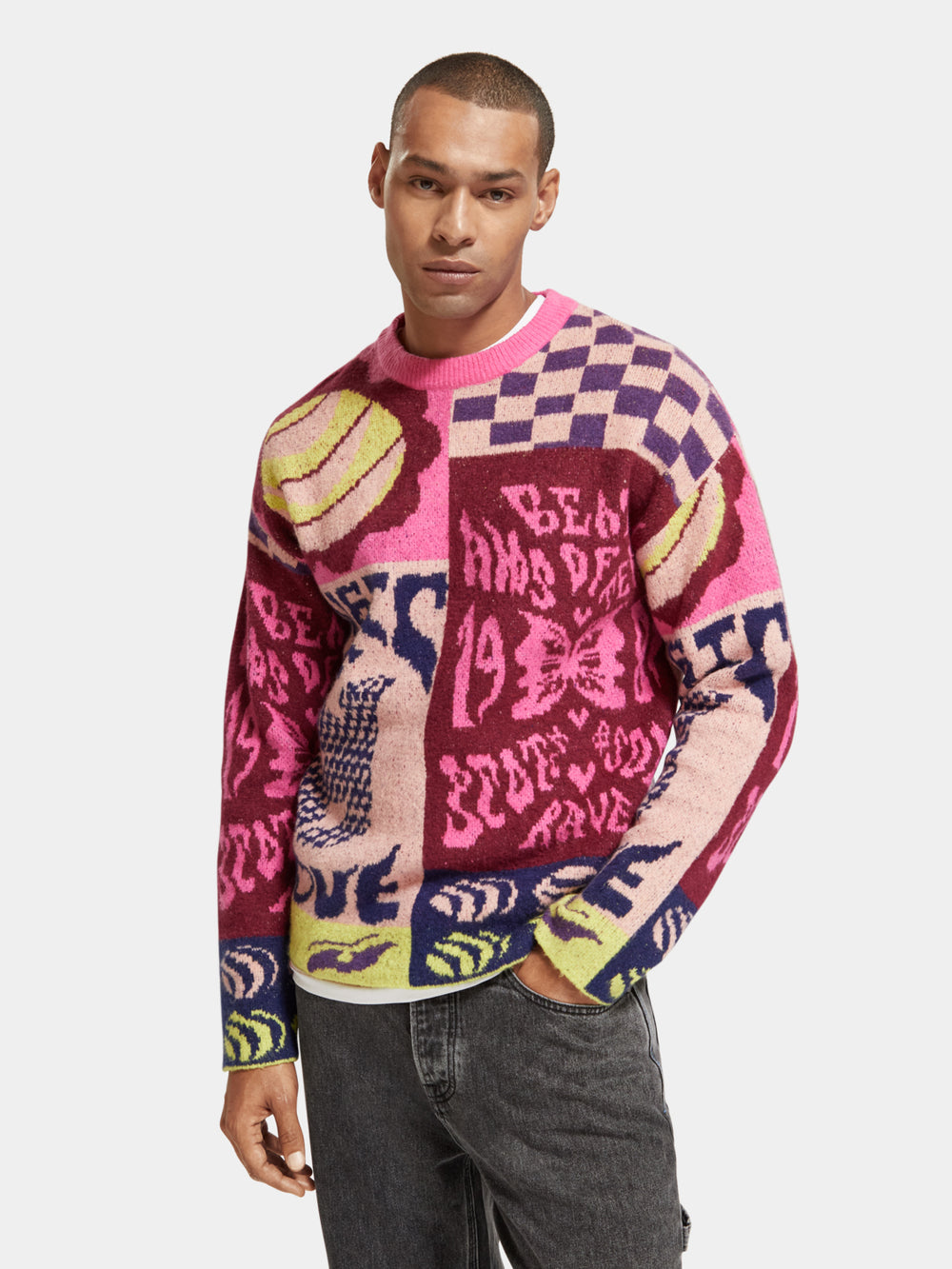 Relaxed-fit printed jacquard sweater - Scotch & Soda NZ