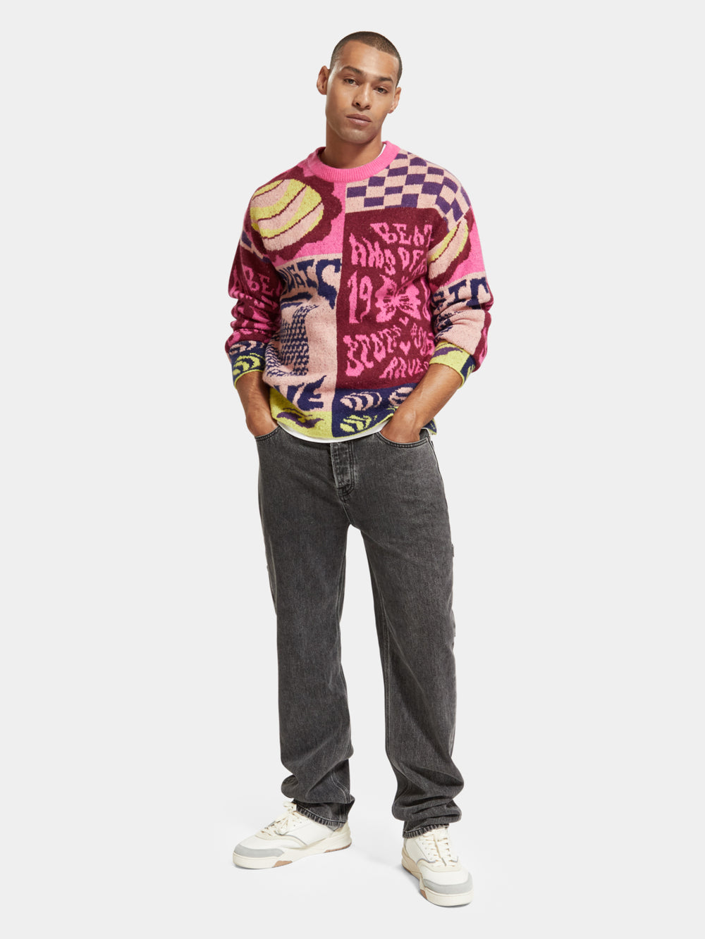 Relaxed-fit printed jacquard sweater - Scotch & Soda NZ