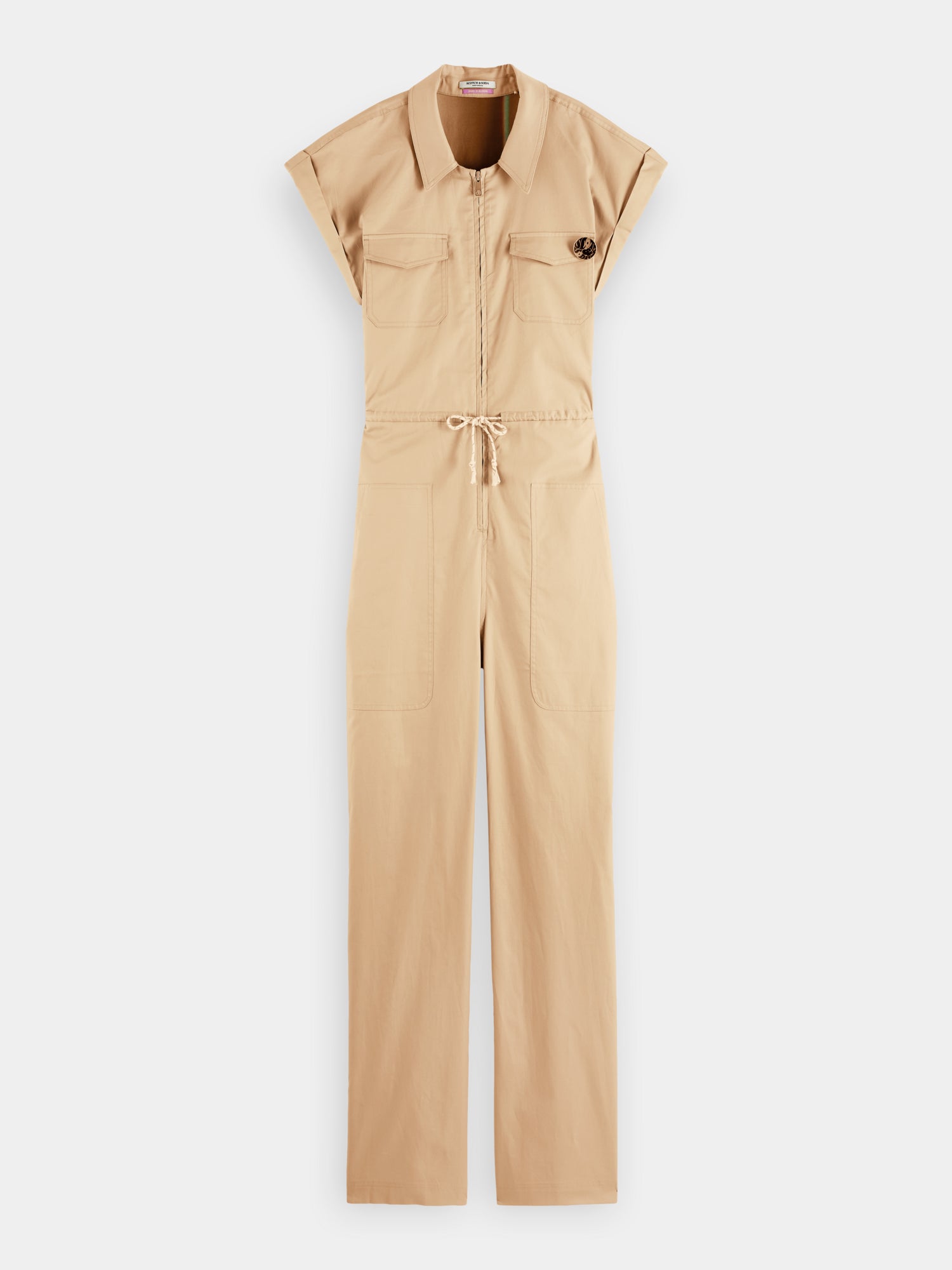 SCOTCH & SODA military jumpsuit with functional pockets, adjustable waist, and rugged fabric, ideal for casual or outdoor wear.