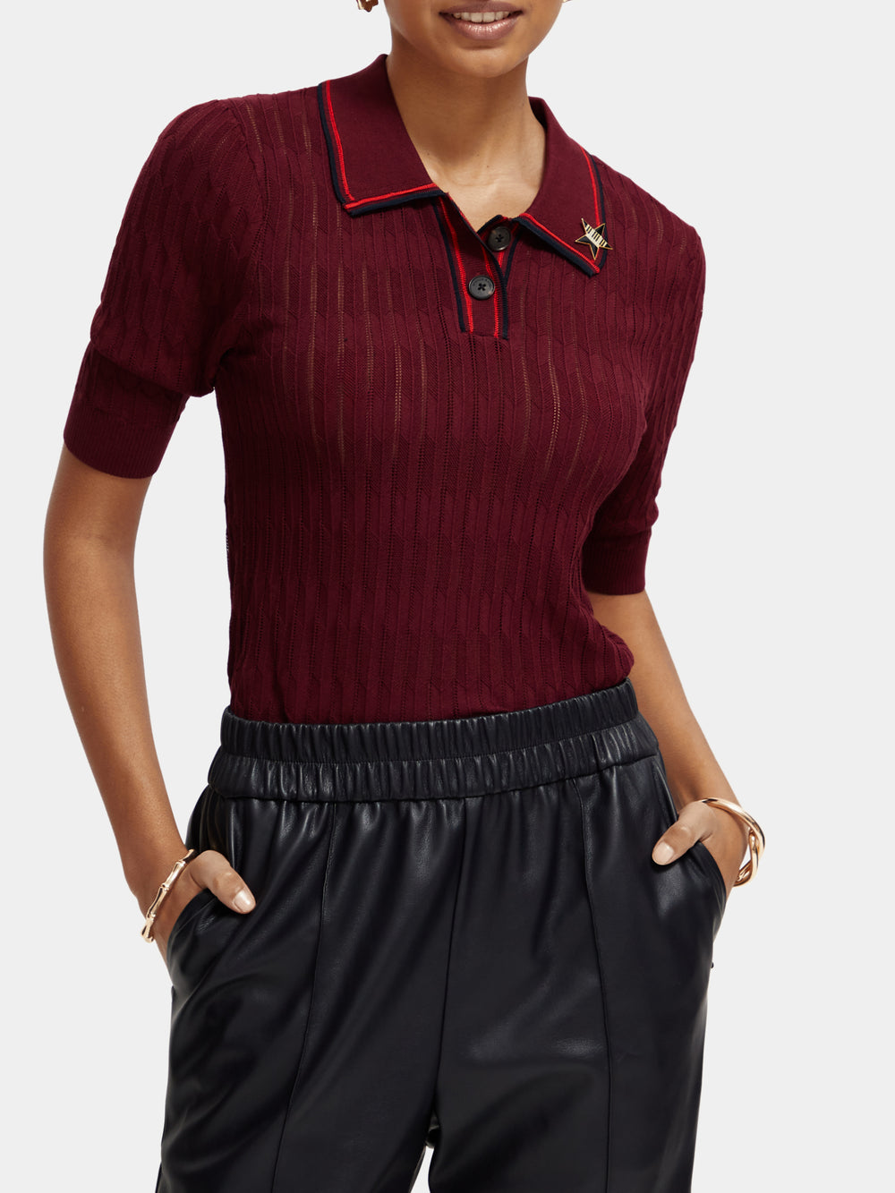 Pointelle collared knitted polo shirt - Scotch & Soda NZ