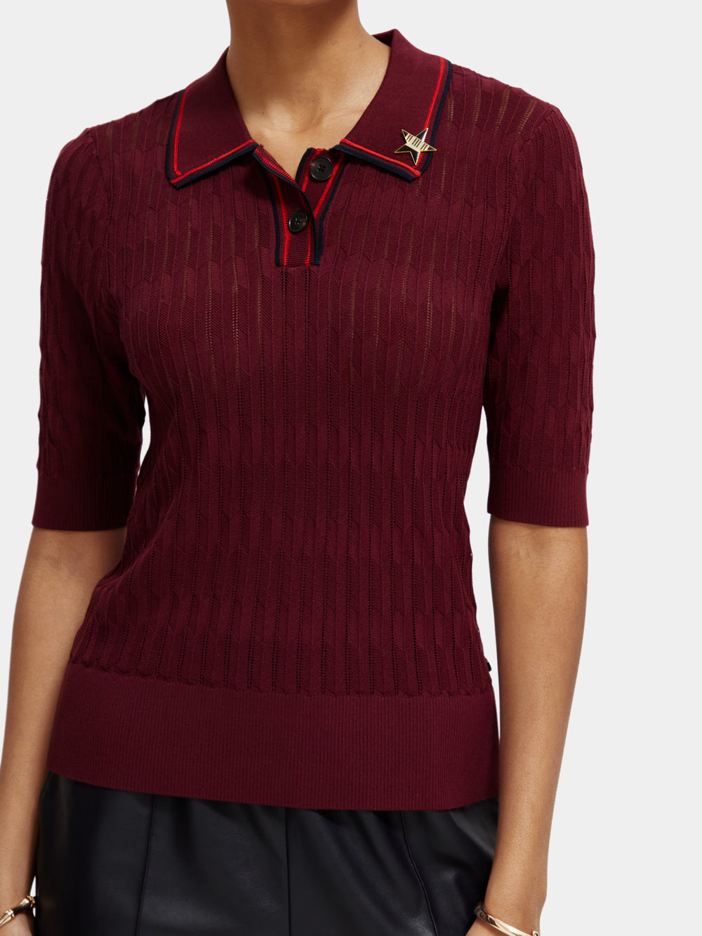 Pointelle collared knitted polo shirt - Scotch & Soda NZ