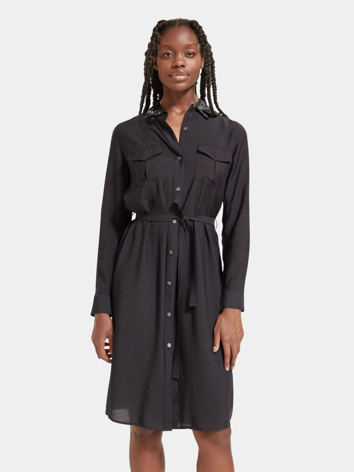 Beaded collar midi shirt dress by Scotch & Soda featuring a stylish button-up design with intricate beaded details.